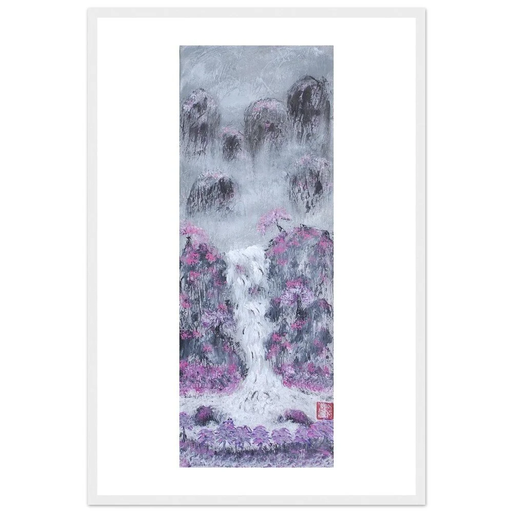 Premium Semi-Glossy Paper Wooden Framed Print - Waterfall Mountains