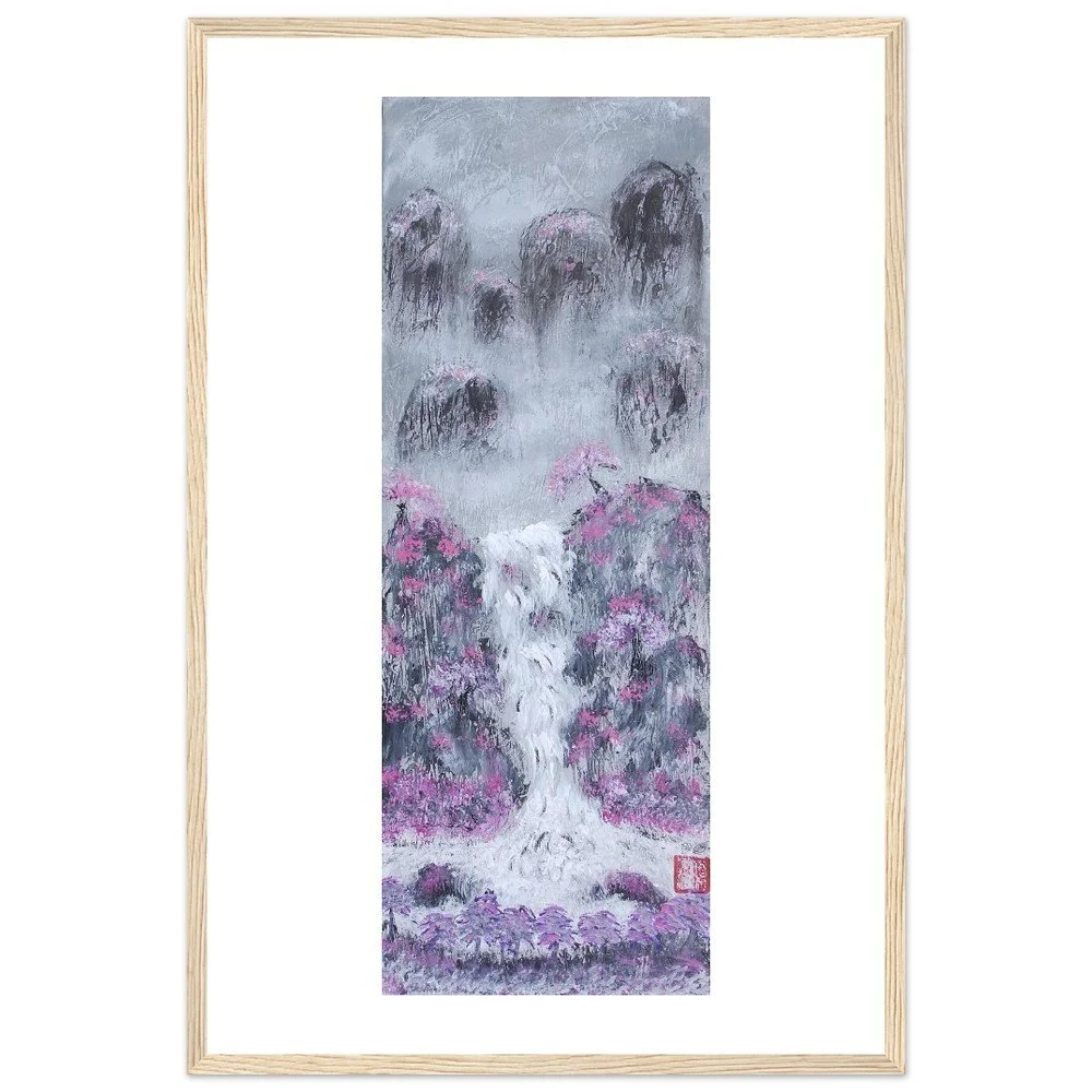 Premium Semi-Glossy Paper Wooden Framed Print - Waterfall Mountains