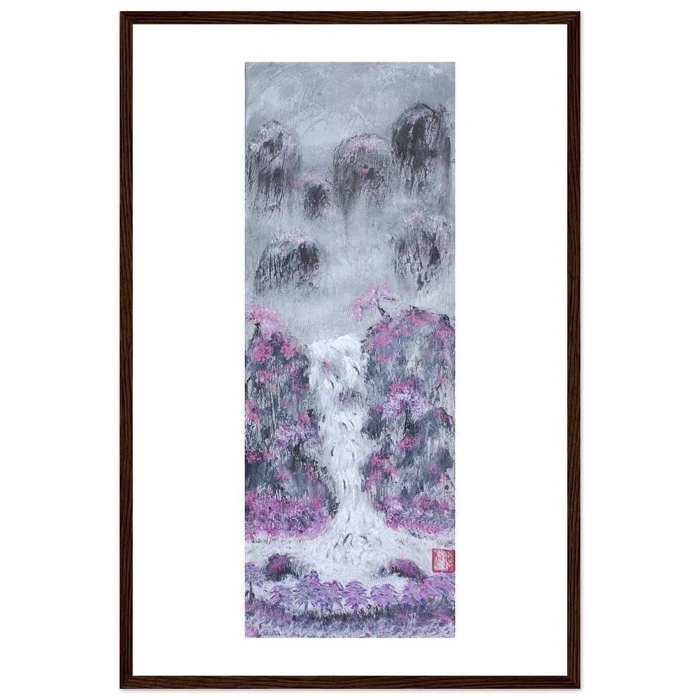 Premium Semi-Glossy Paper Wooden Framed Print - Waterfall Mountains
