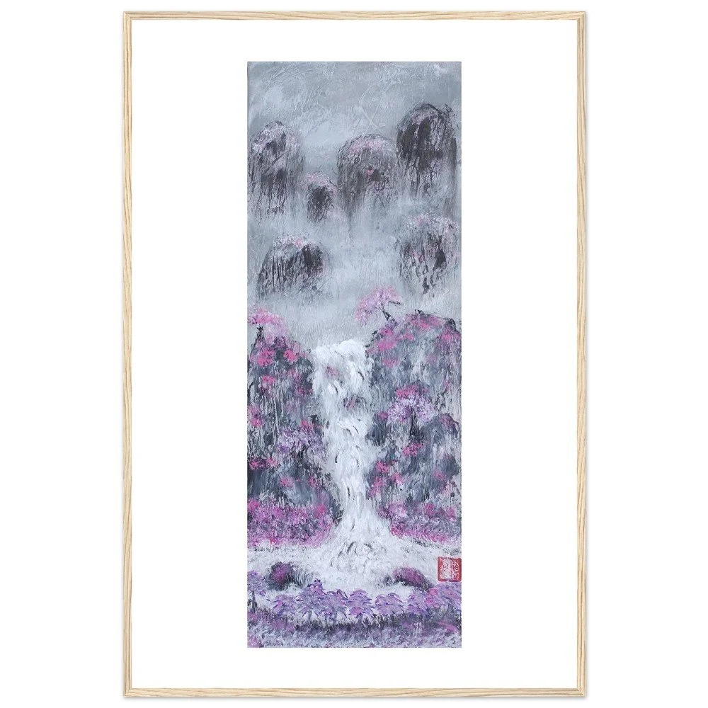 Premium Semi-Glossy Paper Wooden Framed Print - Waterfall Mountains