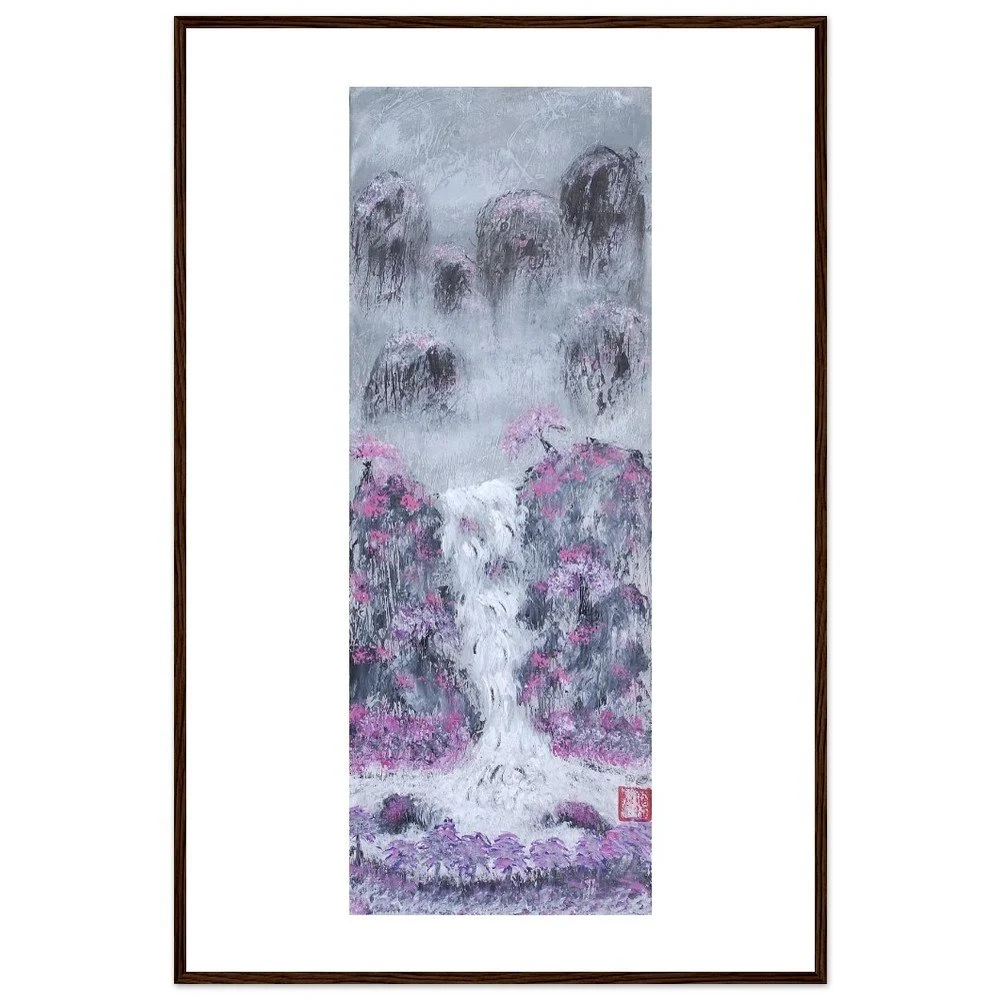 Premium Semi-Glossy Paper Wooden Framed Print - Waterfall Mountains