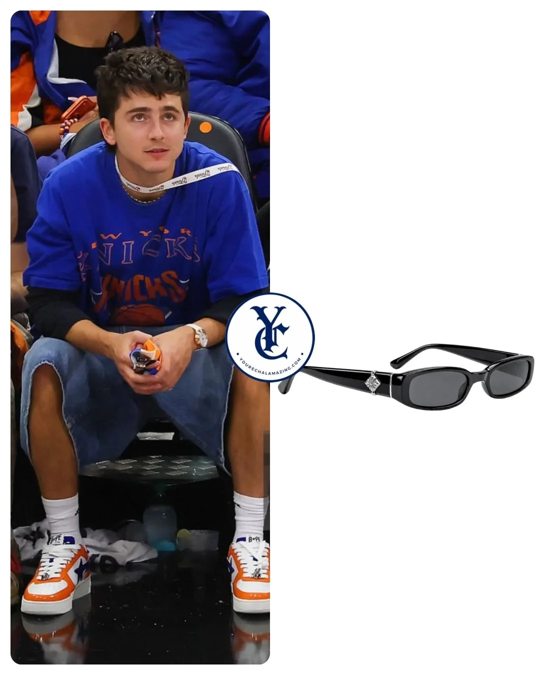 Timoth&eacute;e Chalamet at Knicks vs. Spurs, NBA Playoffs, NBA Finals / Round 4, Game 5, Frost Bank Center, San Antonio, Texas, June 13, 2026

Chrome Hearts Blueher Sunglasses in Black Acetate with Sterling Silver hardware
$2200

Shop It ➡️(Similar)