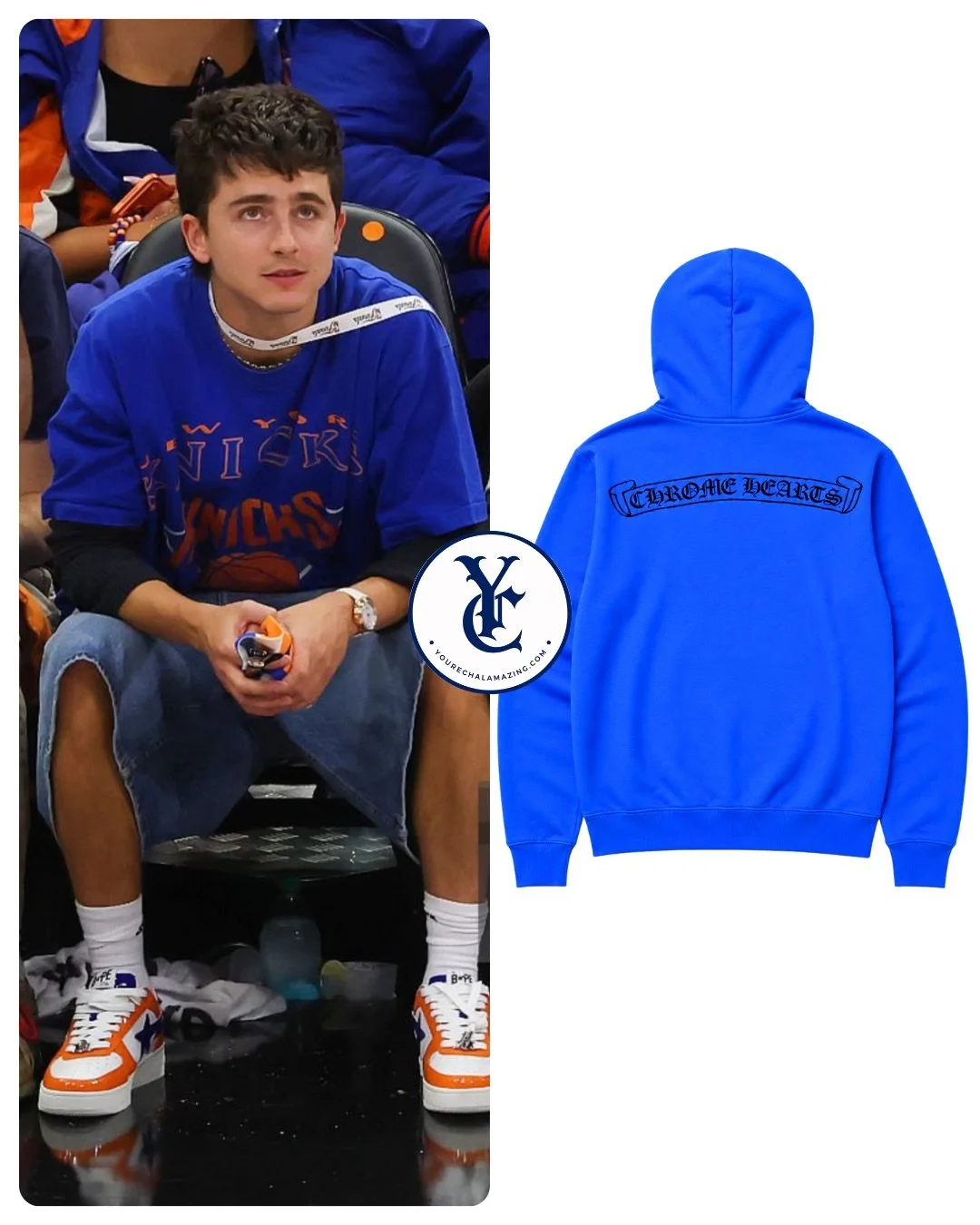 Timoth&eacute;e Chalamet at Knicks vs. Spurs, NBA Playoffs, NBA Finals / Round 4, Game 5, Frost Bank Center, San Antonio, Texas, June 13, 2026

Chrome Hearts Royal Blue Hoodie with Black CH Logo
$950

Shop It ➡️(Similar) https://go.shopmy.us/p-6