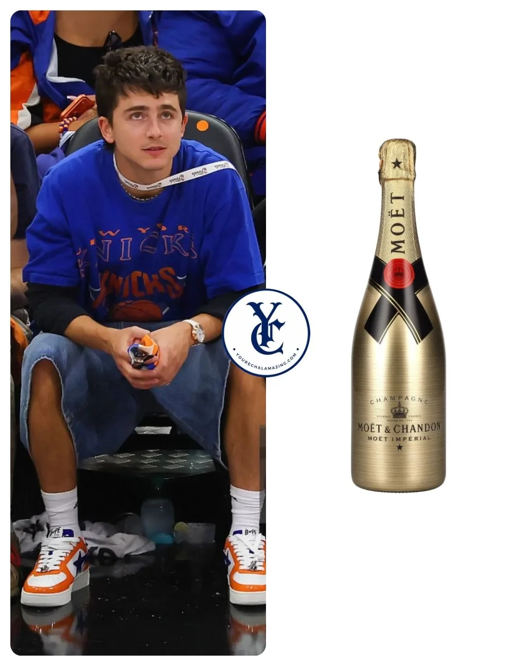 Timoth&eacute;e Chalamet at Knicks vs. Spurs, NBA Playoffs, NBA Finals / Round 4, Game 5, Frost Bank Center, San Antonio, Texas, June 13, 2026

Mo&euml;t &amp; Chandon Brut Imp&eacute;rial Gold
$230

Shop It ➡️ https://go.shopmy.us/p-64909828

#timot