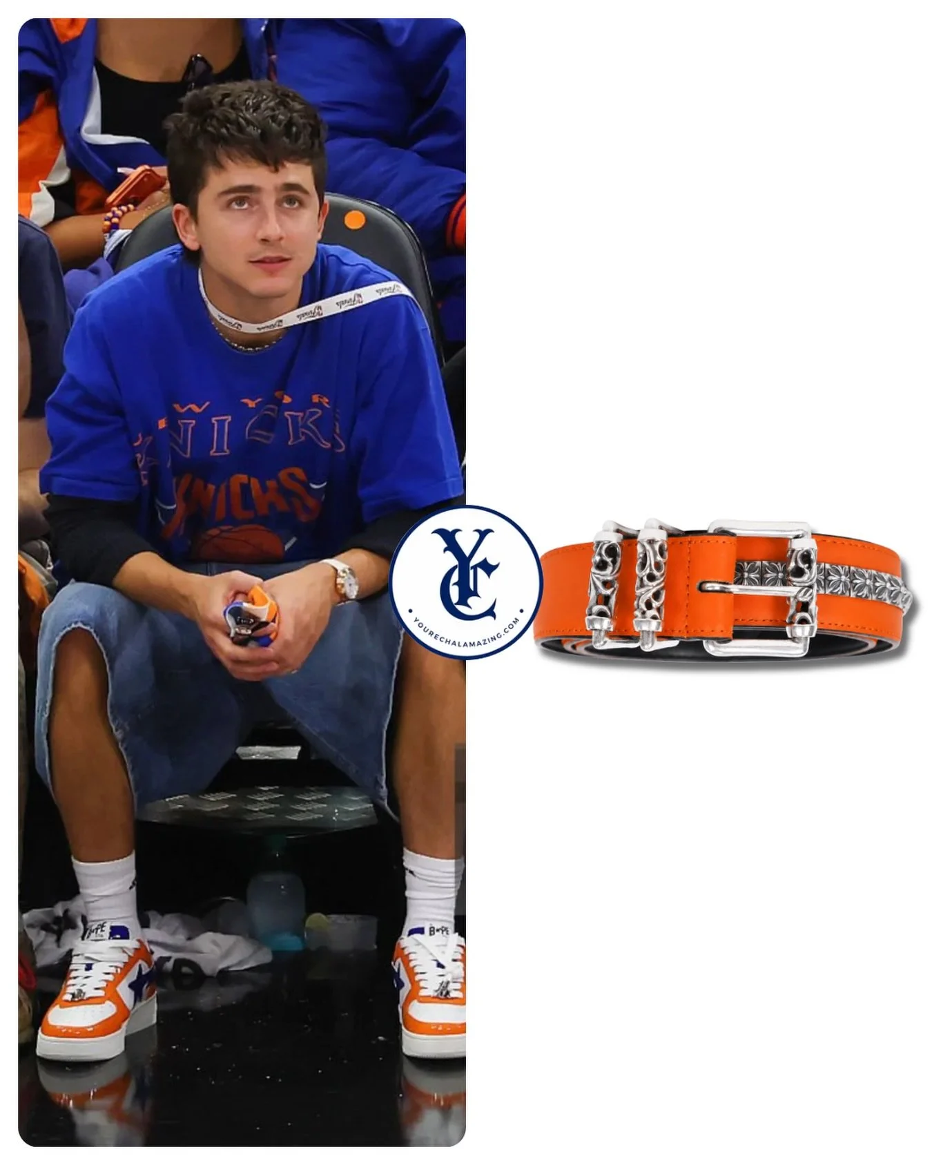 Timoth&eacute;e Chalamet at Knicks vs. Spurs, NBA Playoffs, NBA Finals / Round 4, Game 5, Frost Bank Center, San Antonio, Texas, June 13, 2026

Chrome Hearts Pyramid Cross Studded Roller Belt in Orange with Sterling Silver Hardware
$25,000

Shop It ➡