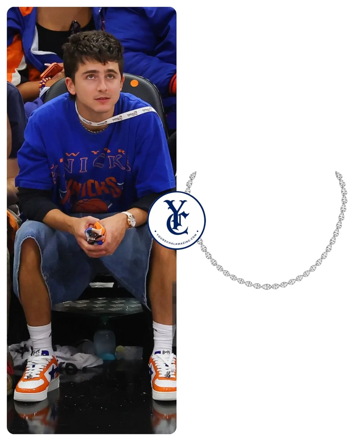 Timoth&eacute;e Chalamet at Knicks vs. Spurs, NBA Playoffs, NBA Finals / Round 4, Game 5, Frost Bank Center, San Antonio, Texas, June 13, 2026

Cartier Lignes Essentielles Necklace, Custom Bezel-Set Pear-Cut Diamonds 
$282,000

Shop It ➡️ https:
