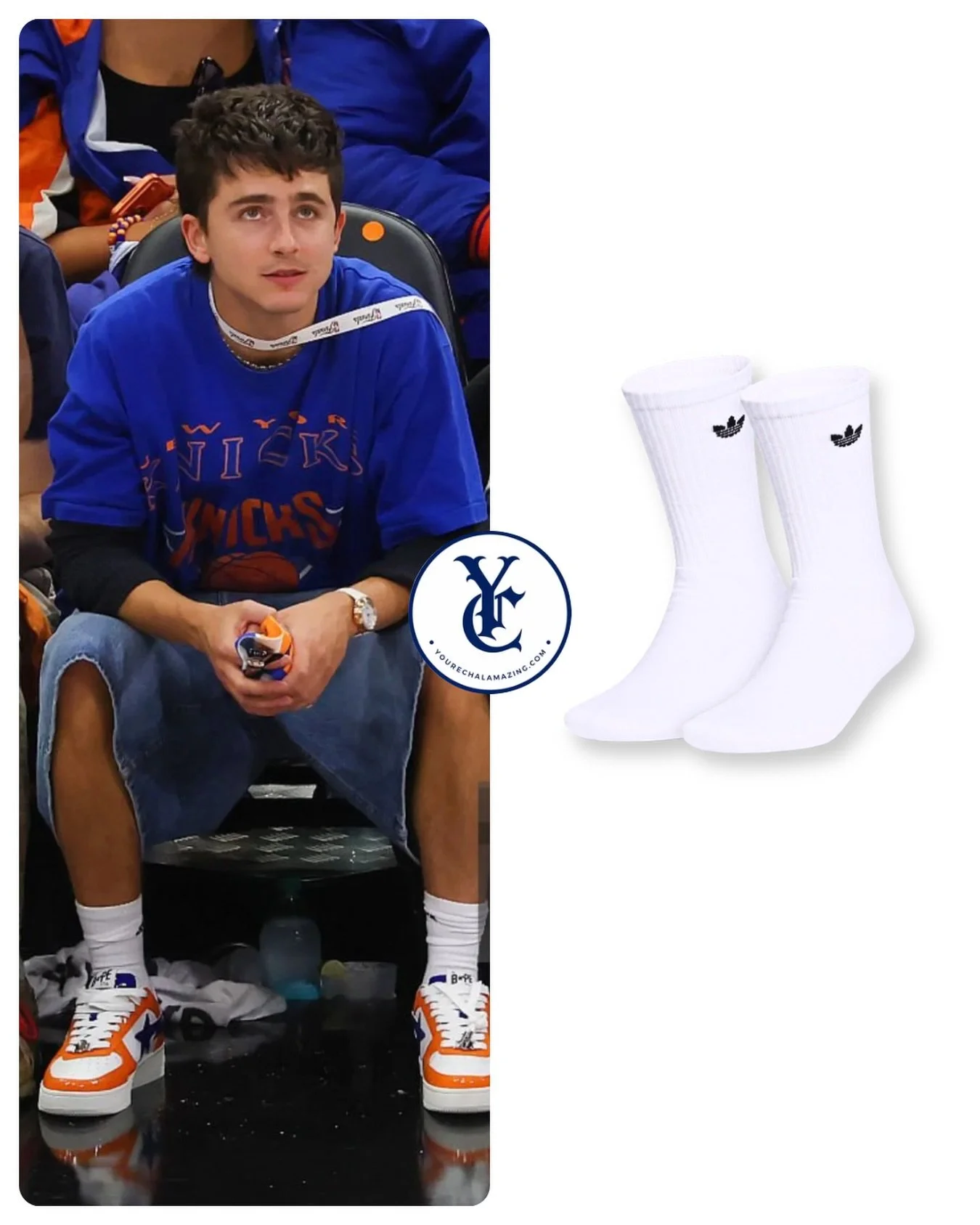 Timoth&eacute;e Chalamet at Knicks vs. Spurs, NBA Playoffs, NBA Finals / Round 4, Game 5, Frost Bank Center, San Antonio, Texas, June 13, 2026

Adidas Originals Trefoil 2.0 Crew Sock in White
$26 for 6

Shop It ➡️ https://go.shopmy.us/p-58315030