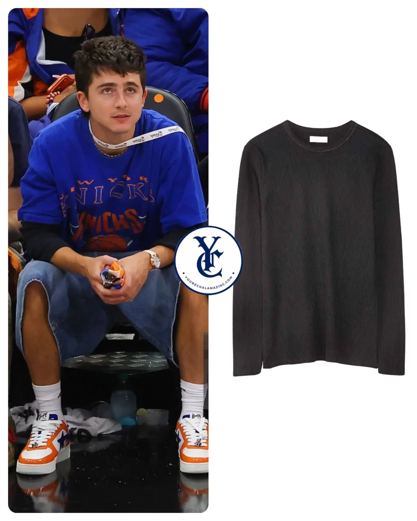 Timoth&eacute;e Chalamet at Knicks vs. Spurs, NBA Playoffs, NBA Finals / Round 4, Game 5, Frost Bank Center, San Antonio, Texas, June 13, 2026

ERL Long Sleeve Waffle Shirt in Ebony Black
$210

Shop It ➡️(Exact) https://go.shopmy.us/p-64765619
