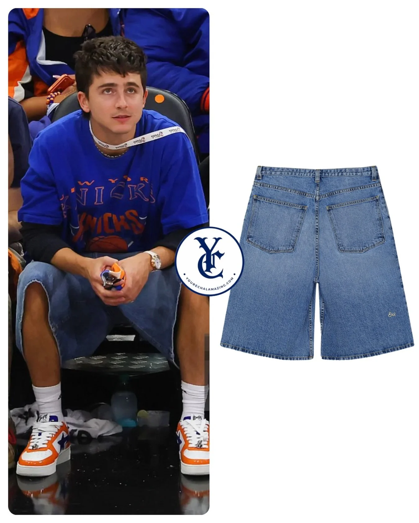 Timoth&eacute;e Chalamet at Knicks vs. Spurs, NBA Playoffs, NBA Finals / Round 4, Game 5, Frost Bank Center, San Antonio, Texas, June 13, 2026

ERL Denim Boardwalk Short in Sun Faded Blue
$425

Shop It ➡️(Exact) https://go.shopmy.us/p-64635405
