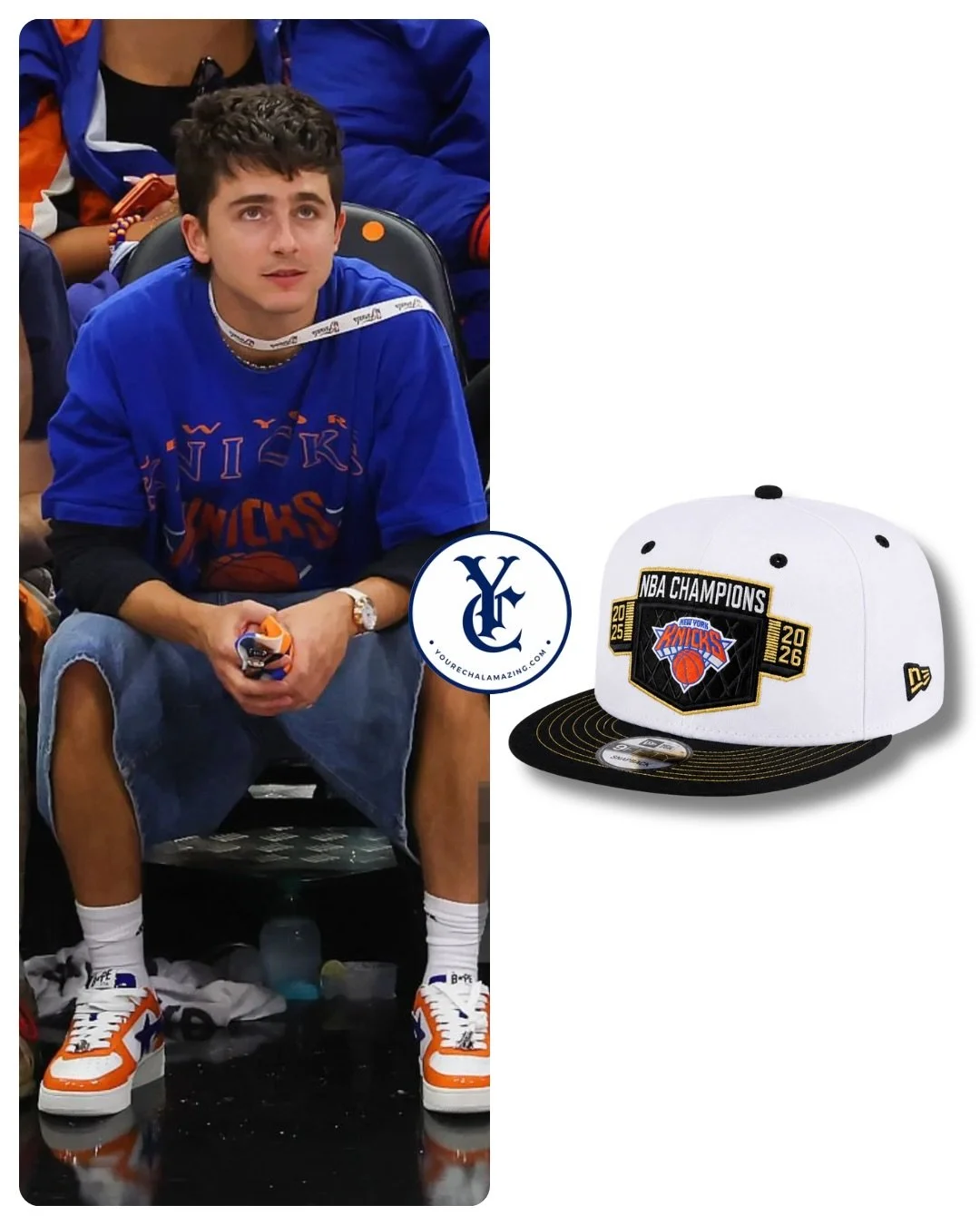 Timoth&eacute;e Chalamet at Knicks vs. Spurs, NBA Playoffs, NBA Finals / Round 4, Game 5, Frost Bank Center, San Antonio, Texas, June 13, 2026

New York Knicks New Era 2026 NBA Finals Champions Locker Room 9FIFTY Snapback Hat in White/Black
$45

Shop