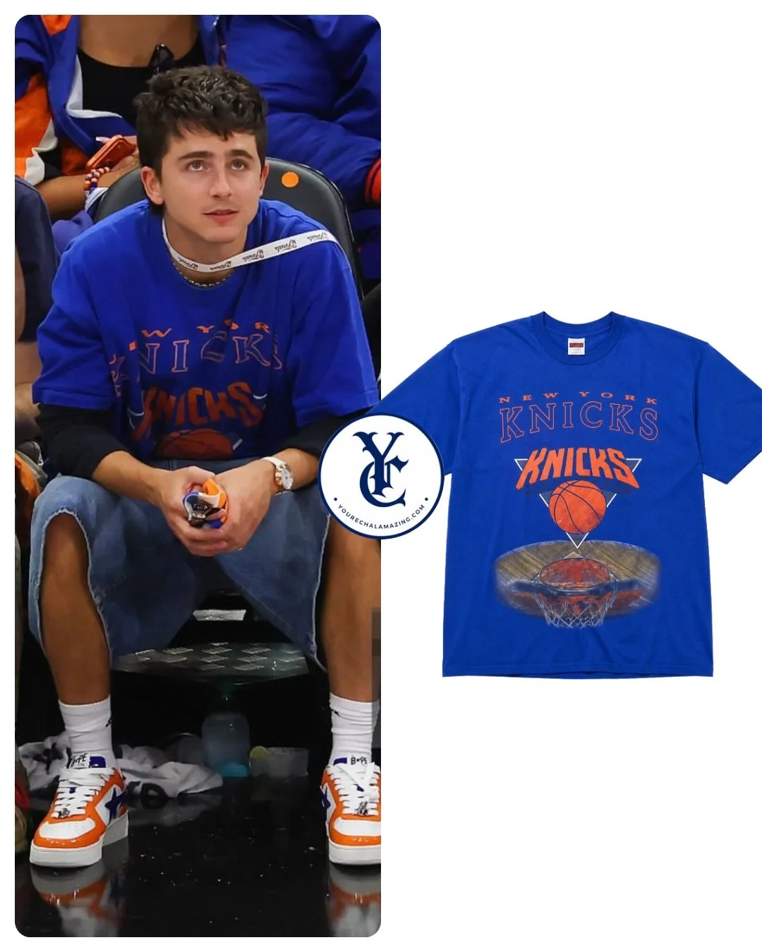 Timoth&eacute;e Chalamet at Knicks vs. Spurs, NBA Playoffs, NBA Finals / Round 4, Game 5, Frost Bank Center, San Antonio, Texas, June 13, 2026

Vintage New York Knicks &ldquo;Reflection&rdquo; Tee sourced by @springyusa 
$122

Shop It ➡️ (Similar) ht