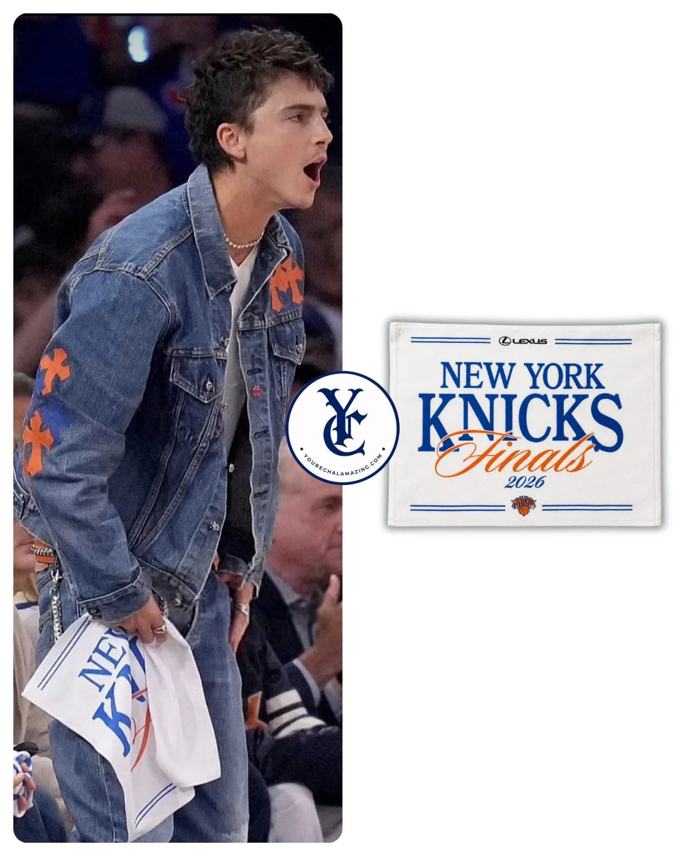 Timoth&eacute;e Chalamet at Knicks vs. Spurs, NBA Playoffs, NBA Finals / Round 4, Game 4, Madison Square Garden, June 10, 2026

Madison Square Garden NBA Finals Ticketholder Rally Towel
~$5400 with ticket or $80 on eBay 

Shop It ➡️ https://go.shopmy