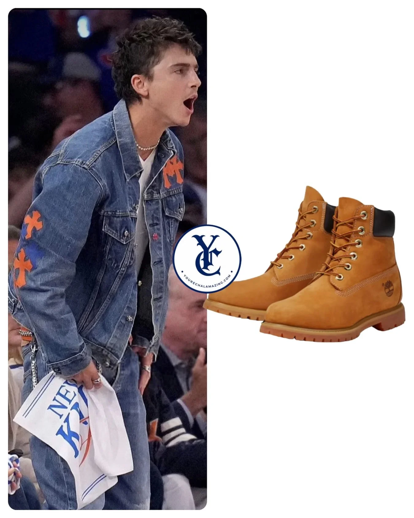 Timoth&eacute;e Chalamet at Knicks vs. Spurs, NBA Playoffs, NBA Finals / Round 4, Game 4, Madison Square Garden, June 10, 2026

Timberland 6-Inch Premium Waterproof Boot in Classic Wheat Nubuck
$199

Shop It ➡️ https://go.shopmy.us/p-55756008
Shop It