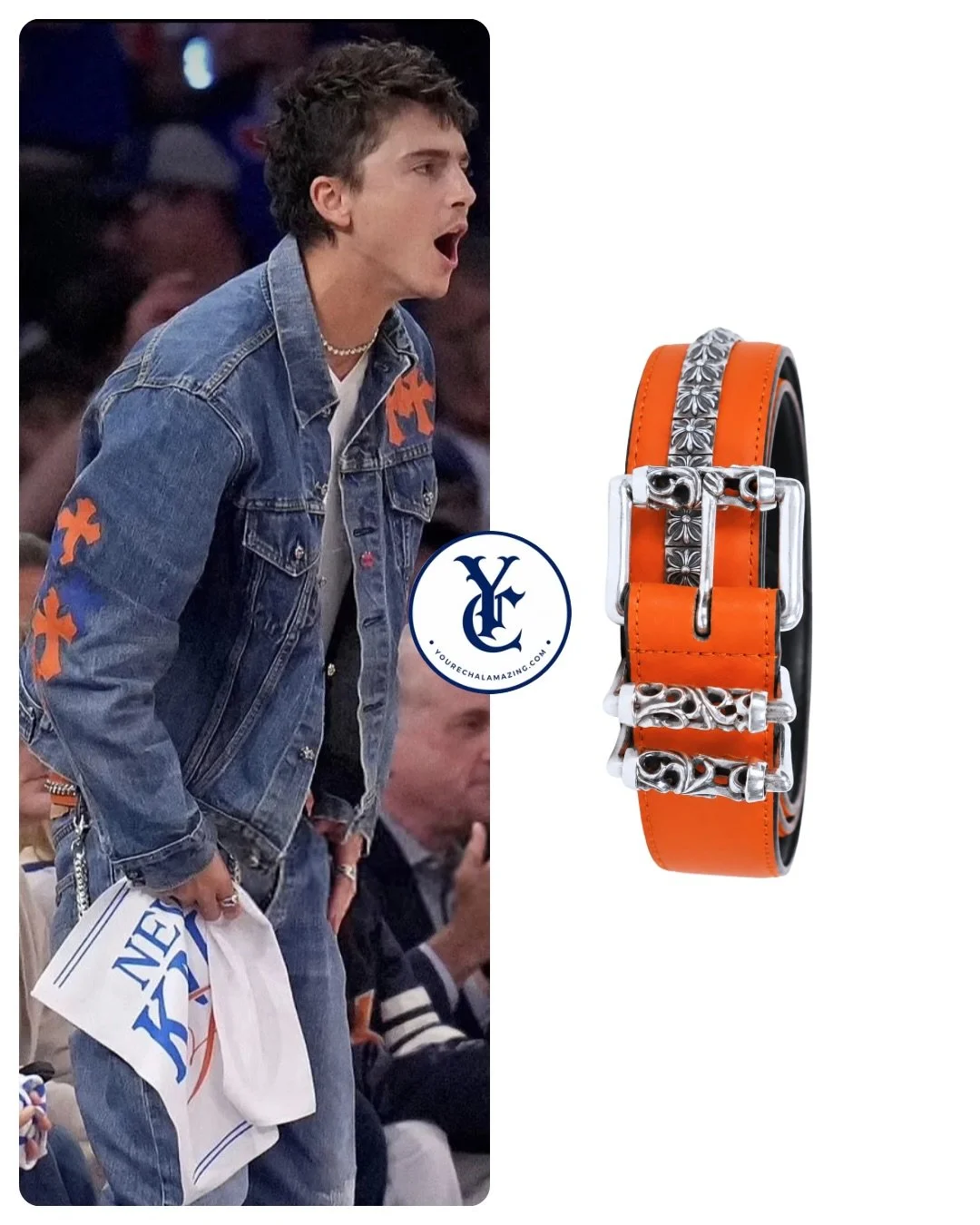 Timoth&eacute;e Chalamet at Knicks vs. Spurs, NBA Playoffs, NBA Finals / Round 4, Game 4, Madison Square Garden, June 10, 2026

Chrome Hearts Pyramid Cross Studded Roller Belt in Orange with Sterling Silver Hardware
$25,000

Shop It ➡️ (Similar) http