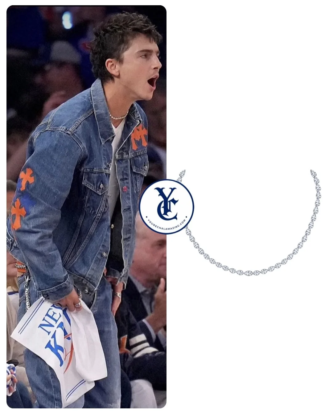 Timoth&eacute;e Chalamet at Knicks vs. Spurs, NBA Playoffs, NBA Finals / Round 4, Game 4, Madison Square Garden, June 10, 2026

Cartier Lignes Essentielles Necklace, Custom Bezel-Set Pear-Cut Diamonds 
$282,000

Shop It ➡️ https://go.shopmy.us/p-5537