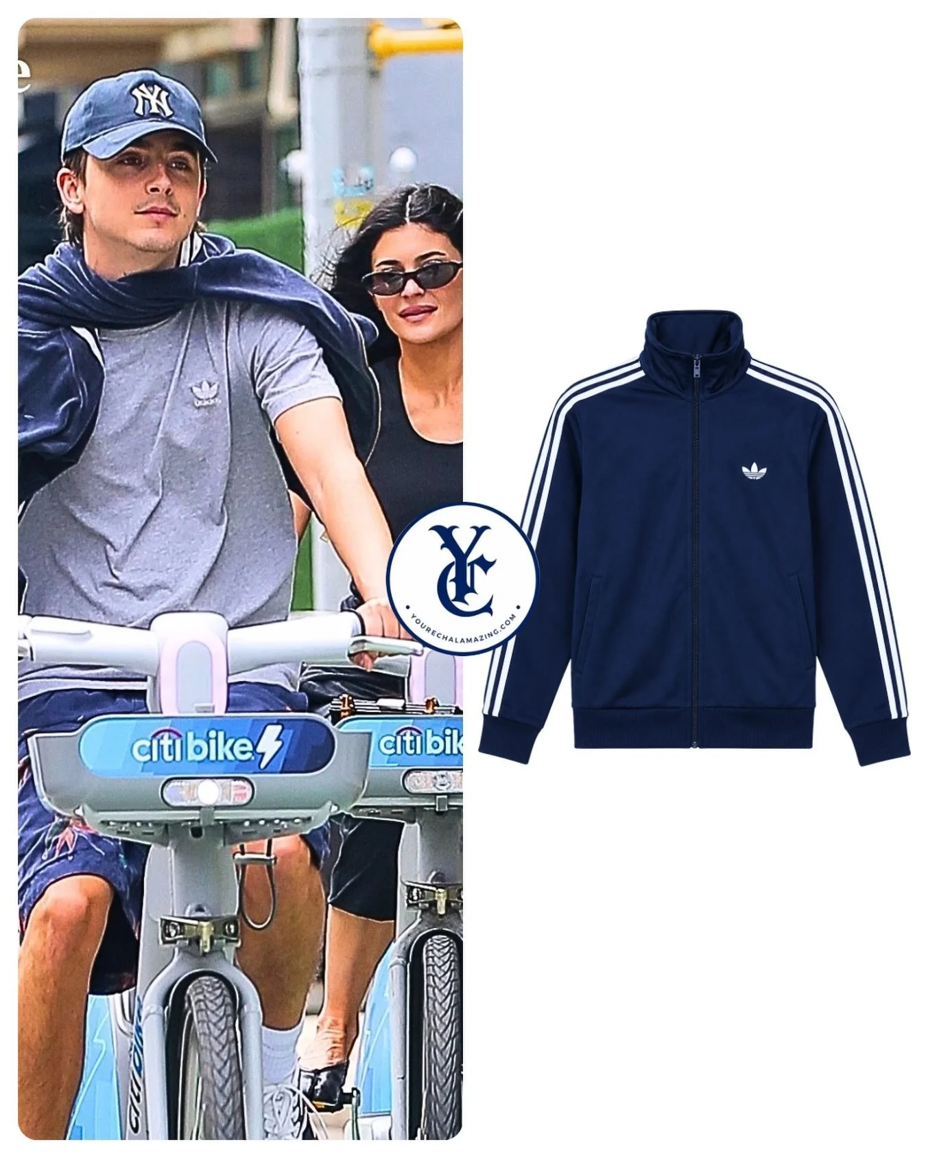 Timoth&eacute;e Chalamet and Kylie Jenner riding Citibikes in New York City, June 17, 2026

Adidas Firebird Track Jacket in Navy Blue
$80

Shop It ➡️ https://go.shopmy.us/p-65456915

#timotheechalametedit #timotheechalamet #nyc #knicks #kyliejenner