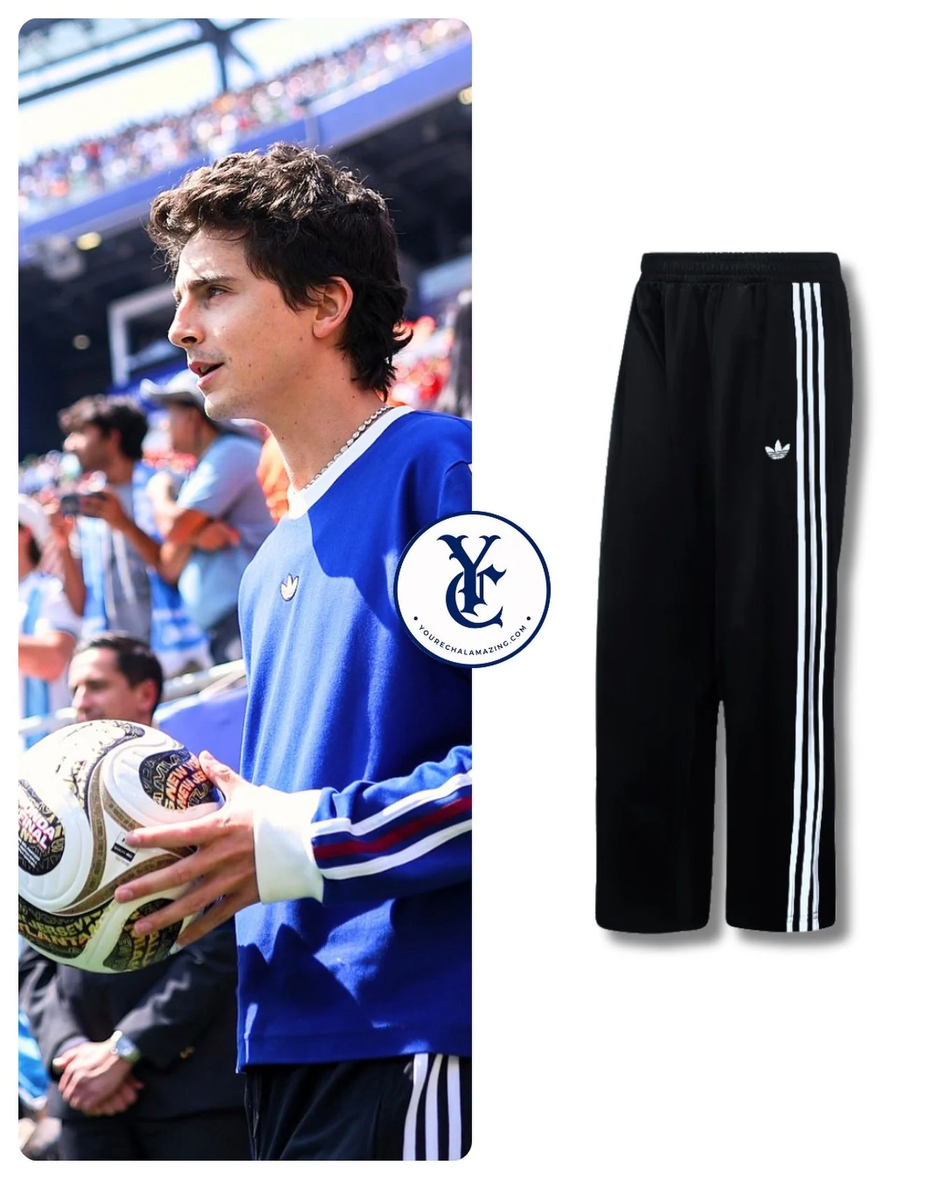 Timoth&eacute;e Chalamet at FIFA World Cup Finals, Argentina vs. Spain, MetLife Stadium, East Rutherford, New Jersey, July 19, 2026

Adicolor Classics Firebird Pants in Black / White 
$70

Shop It ➡️ (Men) https://go.shopmy.us/p-72780602
Shop It ➡️ (