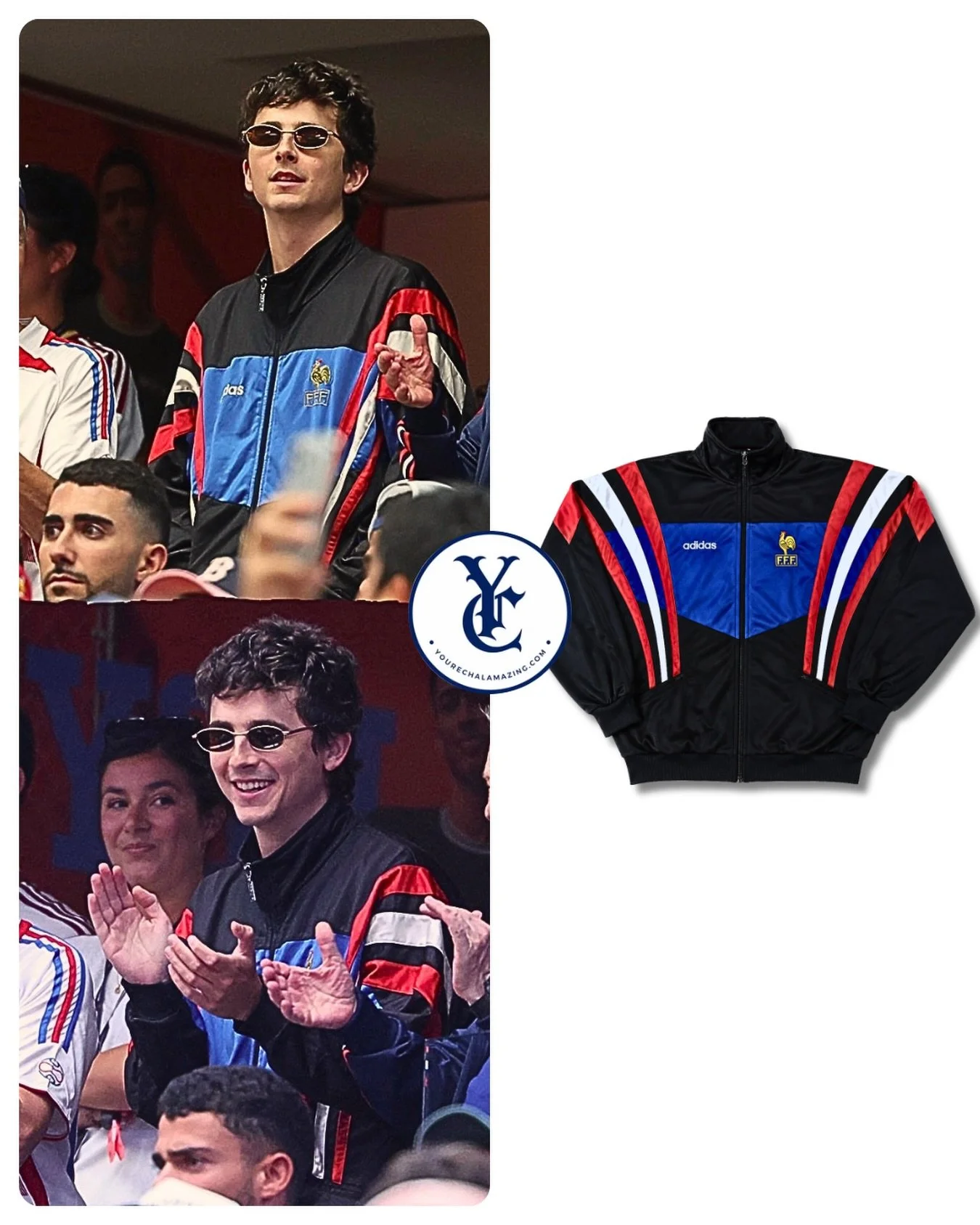 Timoth&eacute;e Chalamet at World Cup Semifinals, France vs. Spain, Dallas, Texas, July 14, 2026,  wearing a vintage @adidas jacket and a broken heart 💔💔

1996-1998 Adidas Official France Football Federation FFF Team Track Jacket 🇫🇷 🐓
$250

Shop