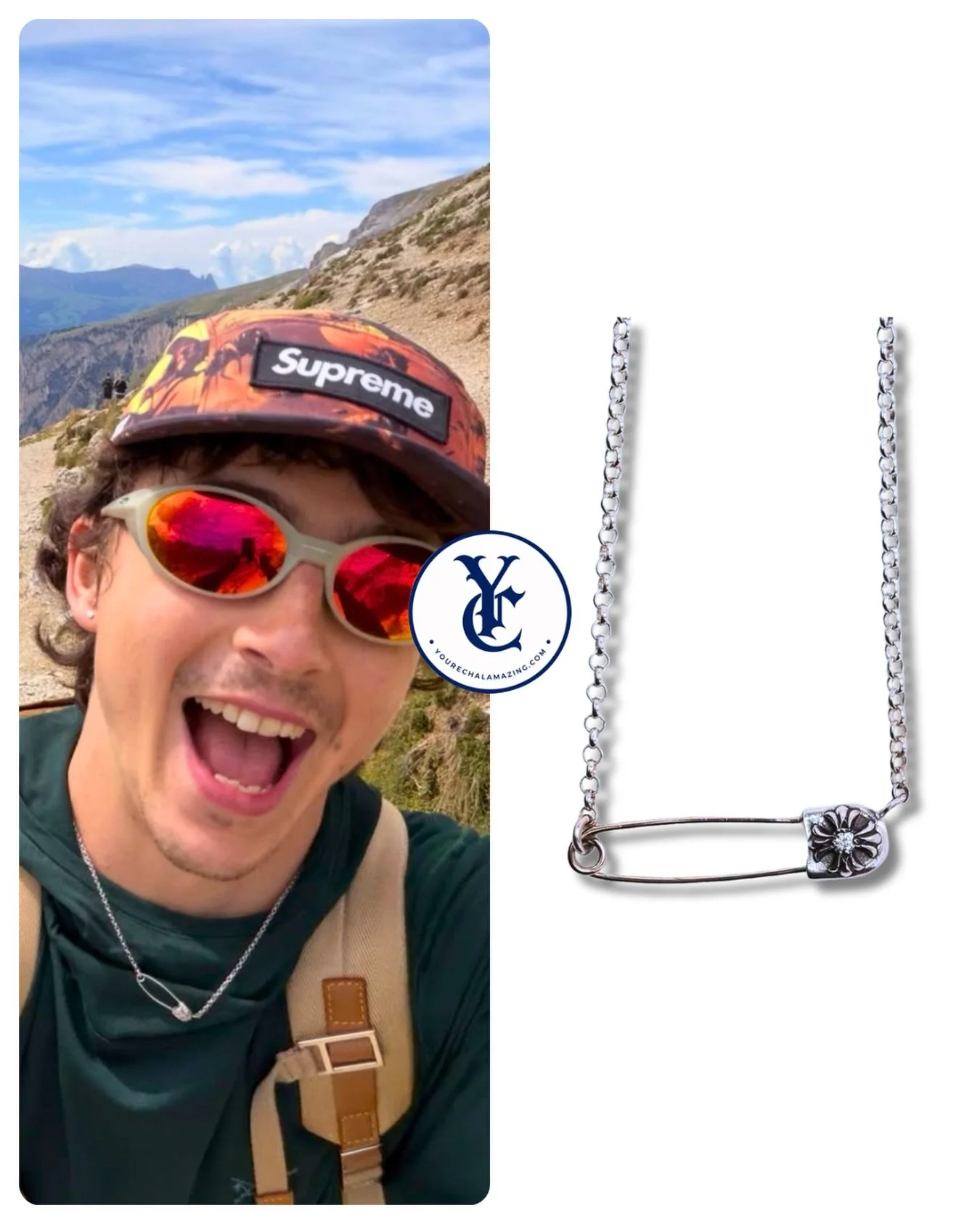 Timoth&eacute;e Chalamet hiking with Marc Chalamet in the Dolomites Mountain Range, Northern Italy, posted September 12, 2026. 

Chrome Hearts Roll Chain Diamond Safety Pin Necklace in Sterling Silver
$1200-$4295

Shop It ➡️ ($4295) https://go.shopmy