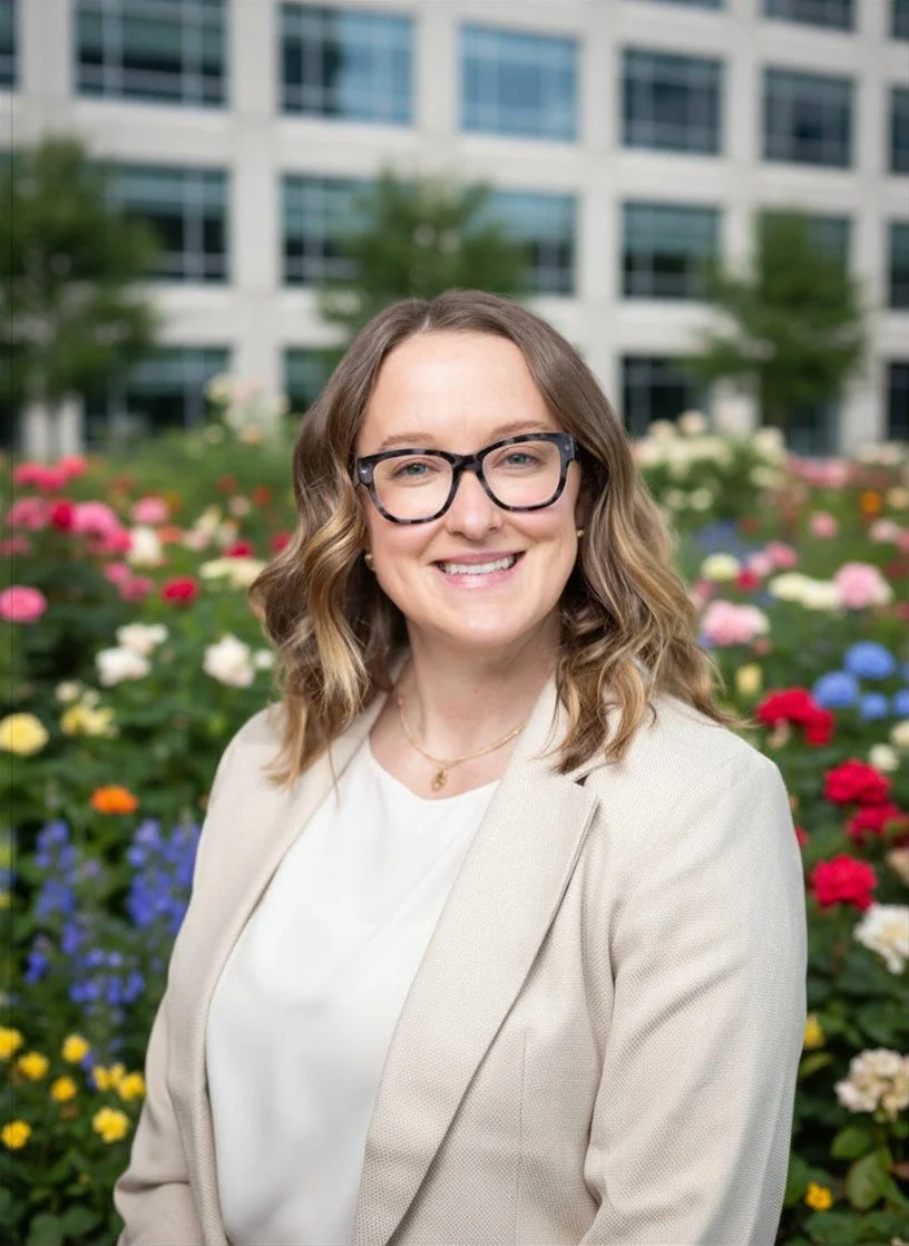 A smiling woman with glasses and wavy brown hair standing outdoors in front of a colorful flower garden and a modern office building.