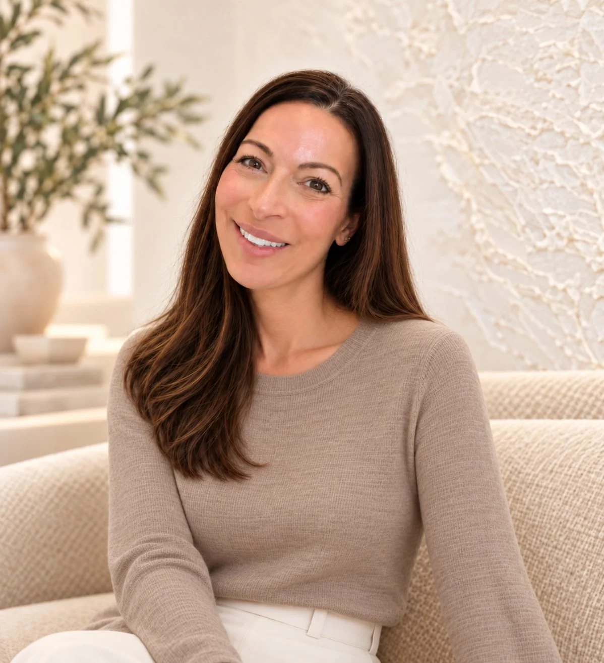 Maria Nicoletti in a warm taupe knit top