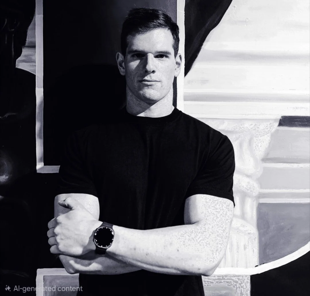A young man with short dark hair, wearing a black t-shirt and a smartwatch, standing with arms crossed against a background with abstract black and white art.