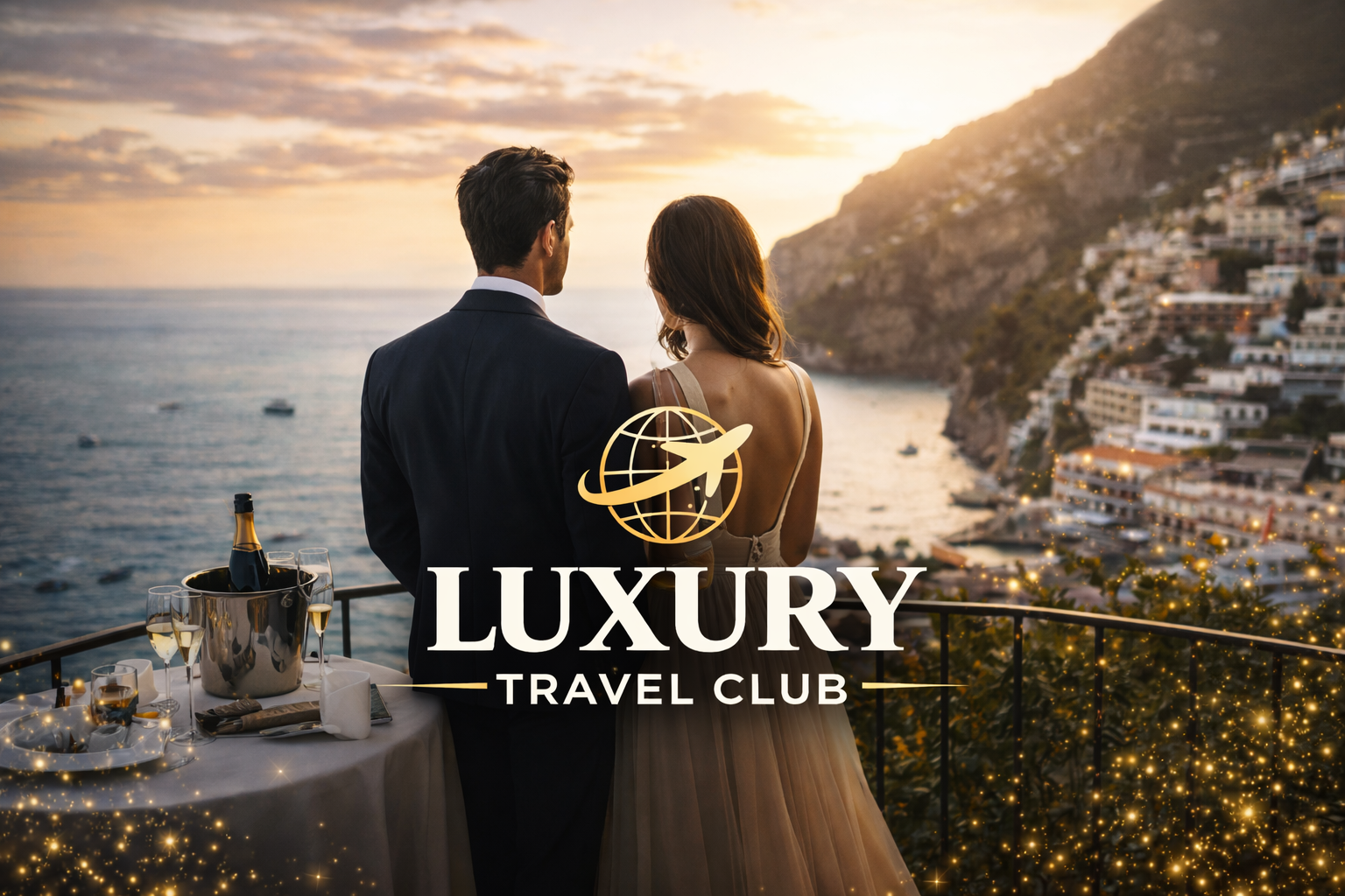 Pareja vestida de gala disfrutando un atardecer en una terraza con vista al mar y casas en la colina, con logotipo de Luxury Travel Club y símbolo de avión sobre un globo terráqueo.