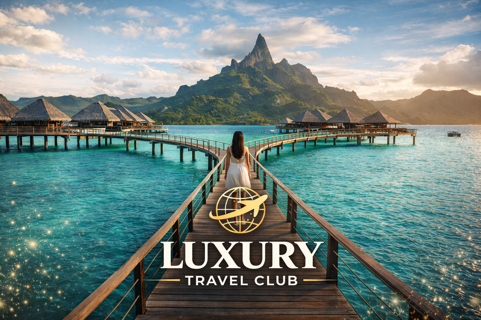 Mujer de espaldas caminando por un muelle de madera sobre aguas turquesa, con cabañas sobre pilotes y una montaña en el fondo, en un día soleado. Logo de Luxury Travel Club en primer plano.