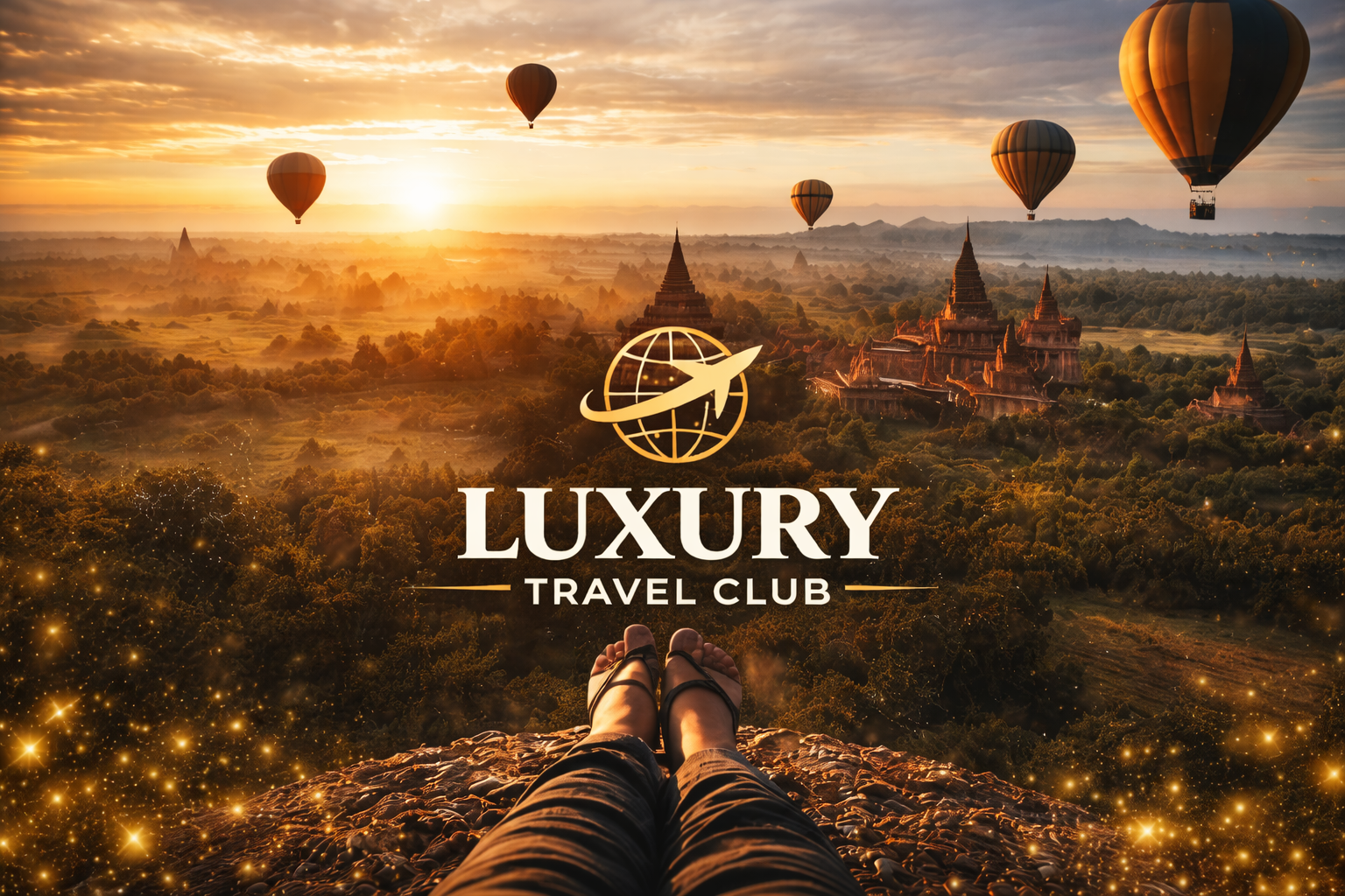 Pies de una persona descansando en un risco con una vista panorámica de templos antiguos y globos aerostáticos durante el amanecer, con el logo y el texto de Luxury Travel Club.