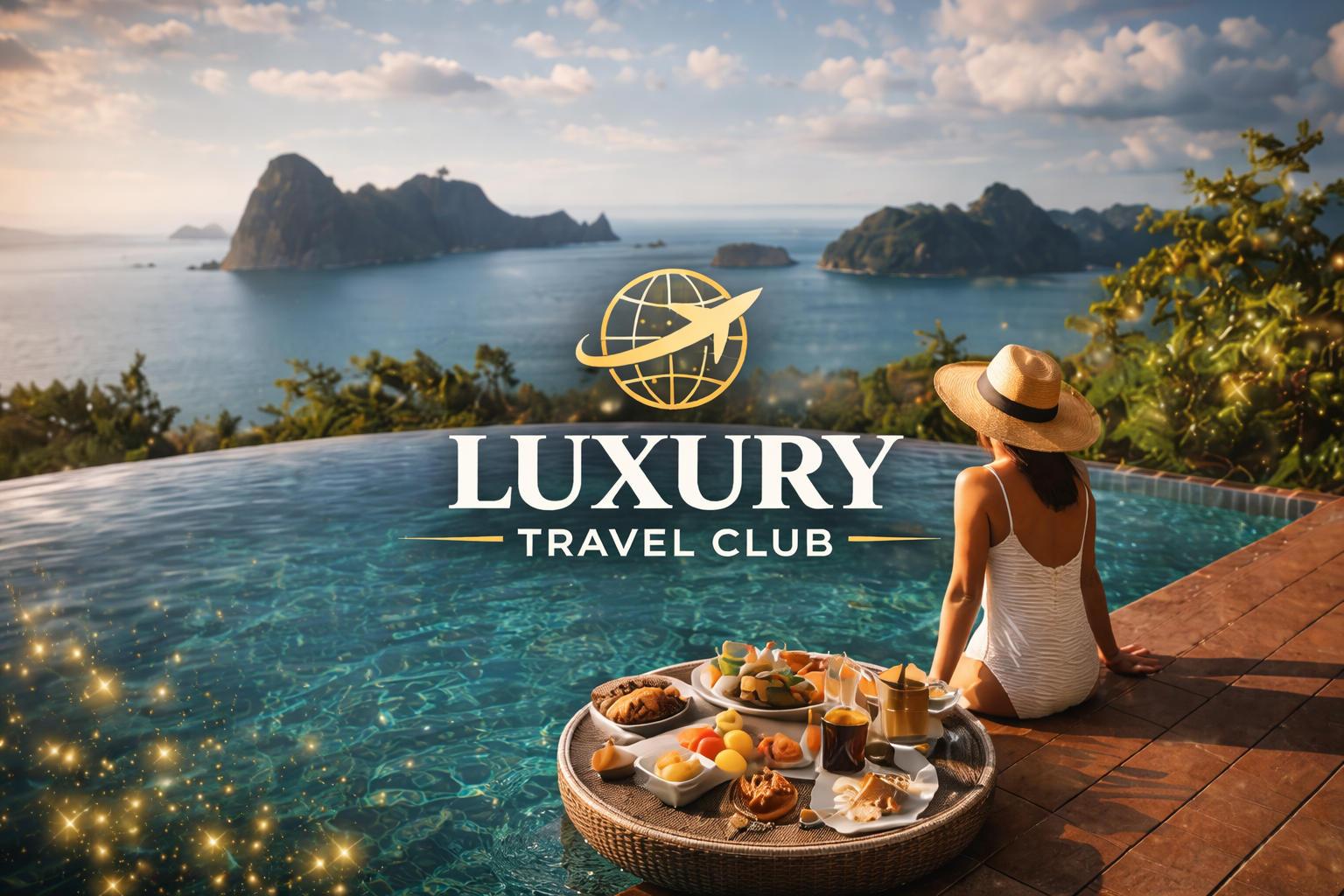 Mujer con sombrero de paja disfrutando de un desayuno junto a una piscina con vista al mar, con un logo de un globo terráqueo y un avión, y texto que dice 'Luxury Travel Club'.