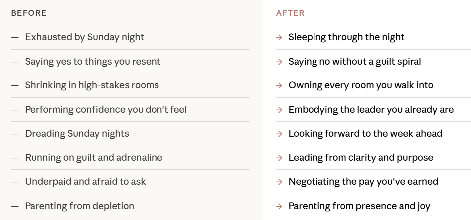 Comparison table showing a 'Before' and 'After' list of state changes. The 'Before' list includes feelings of exhaustion, resentment, shrinking, lack of confidence, dread, guilt, fear, and depletion. The 'After' list depicts improved states like sleeping well, guilt-free, owning spaces, embodying leadership, looking forward, clarity, earned pay, and joy in parenting.