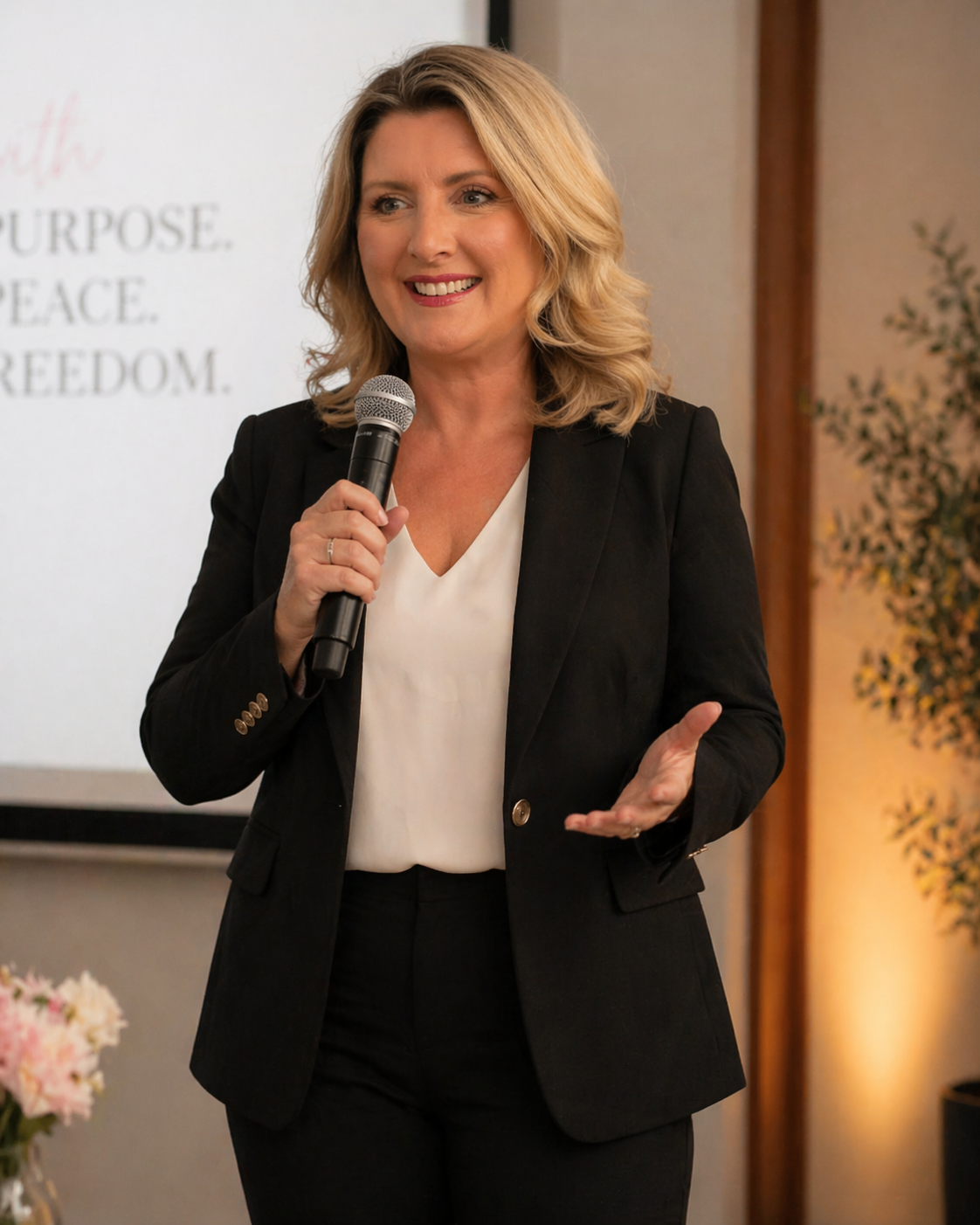 A woman with blonde hair wearing a black blazer and white top, holding a microphone and speaking at an indoor event.