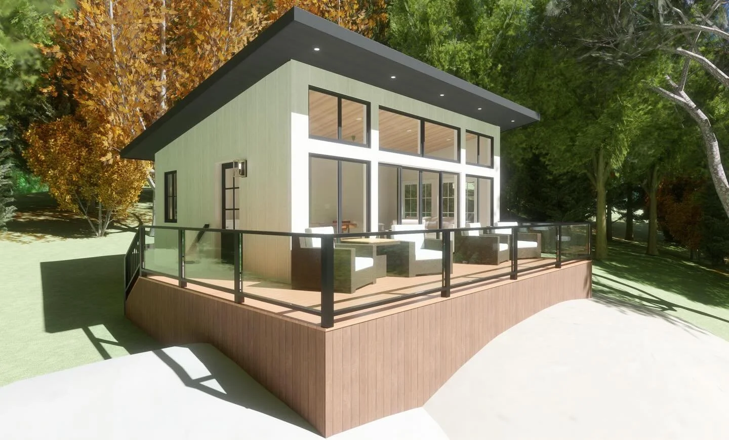 Canopy Bunkie &bull; this compact bunkie expands the main cottage, providing comfortable guest accommodations while remaining quietly embedded into the surrounding landscape and offering uninterrupted lake views