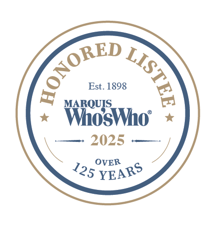 Circular badge with text: 'Honored List EE, Est. 1898, 2025, Over 125 Years, Marquis Who's Who' in gold, blue, and black colors.