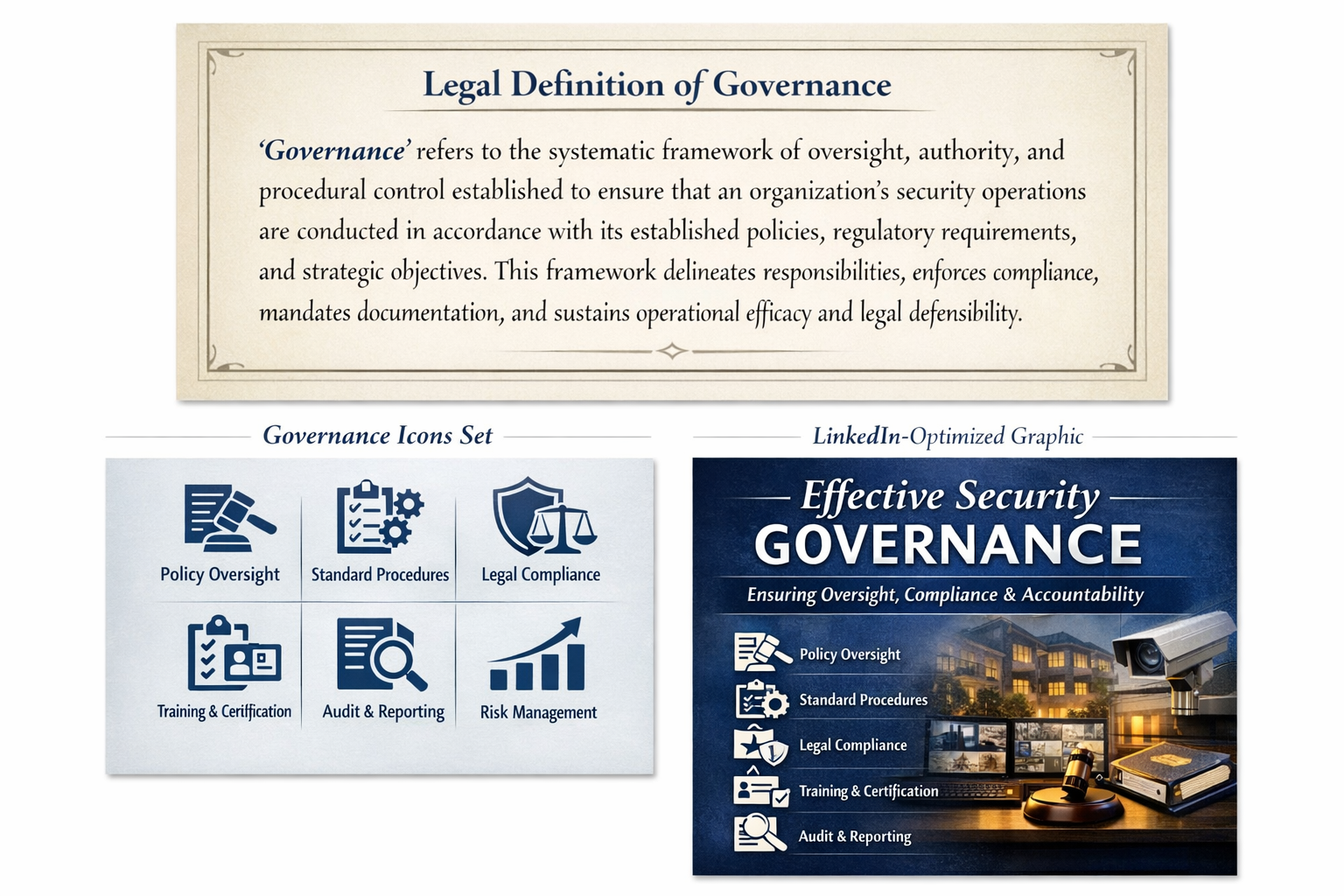 A page from a document or presentation including a section titled 'Legal Definition of Governance' defining governance, followed by two sections: one titled 'Governance Icons Set' with icons representing policy oversight, standard procedures, legal compliance, training and certification, audit and reporting, and risk management, and a second section titled 'LinkedIn-Optimized Graphic' with a title 'Effective Security Governance' and a subtitle 'Ensuring Oversight, Compliance & Accountability,' featuring icons and images related to security, policies, procedures, compliance, training, auditing, and technology.