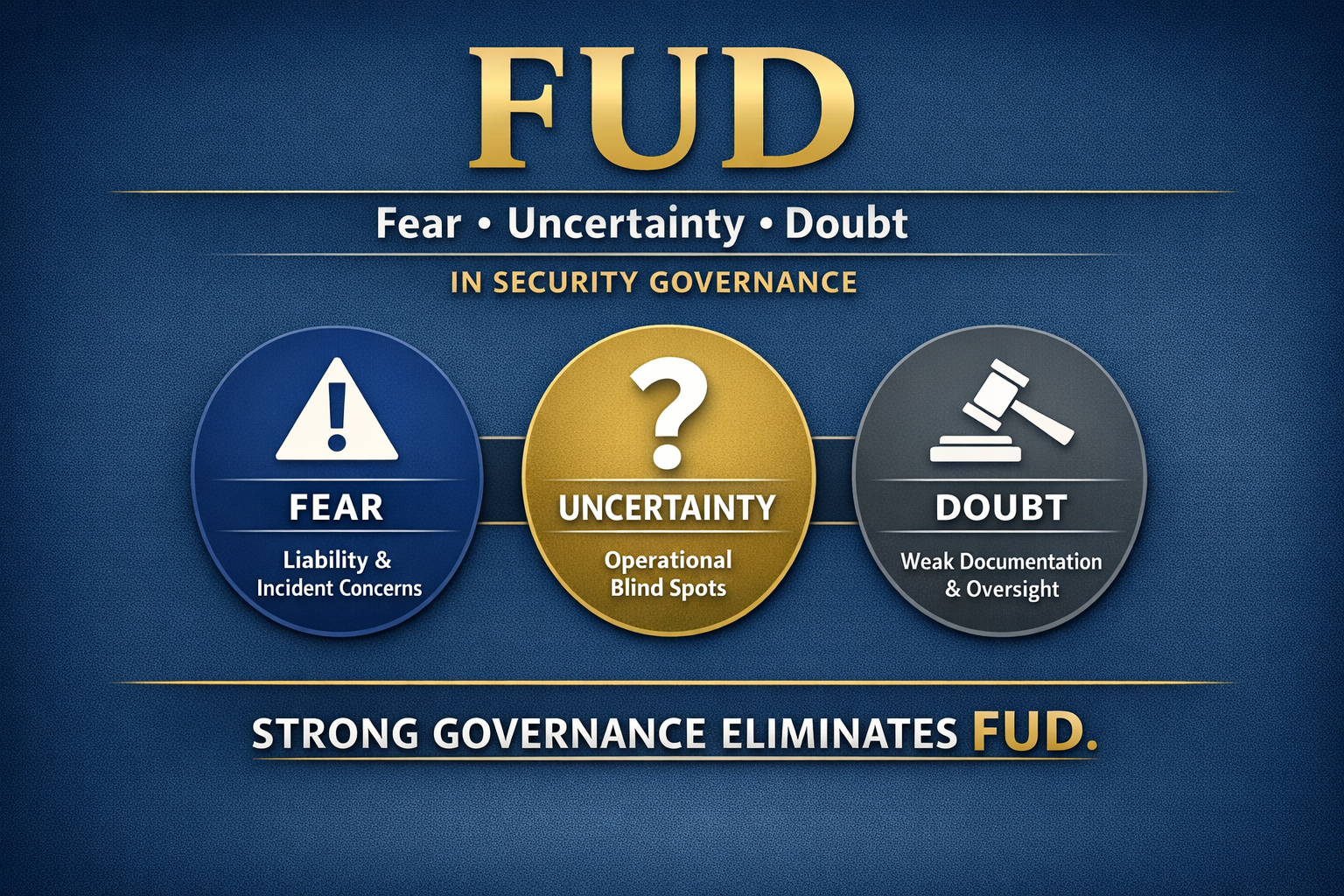 FUD as an acronym for Fear, Uncertainty, Doubt, in security governance, with icons representing each concept: a warning triangle for fear, a question mark for uncertainty, and a gavel for doubt. Text explains fear as liability and incident concerns, uncertainty as operational blind spots, and doubt as weak documentation and oversight. The message emphasizes that strong governance eliminates FUD.