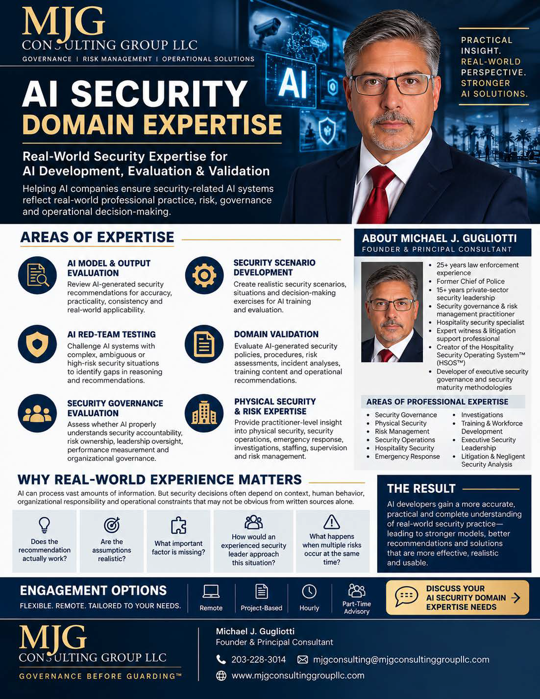 Marketing poster for MJG Consulting Group LLC promoting AI security domain expertise, featuring a professional man in a suit with glasses, and a smaller image of another man in a suit. The poster includes sections on areas of expertise, about Michael J. Guglotti, professional expertise, and engagement options, with icons and contact information.