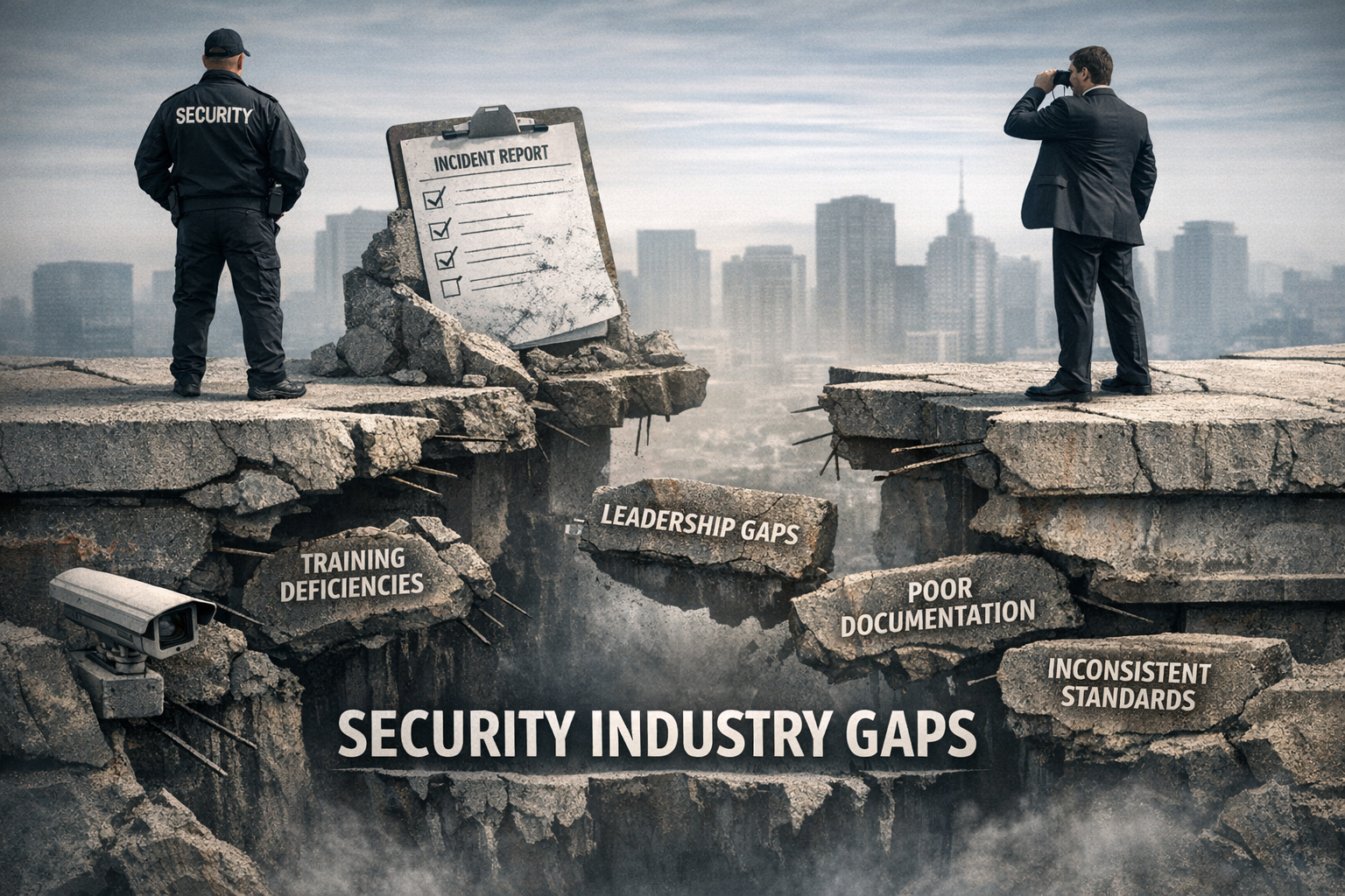 A security guard and a businessman stand on opposite sides of a large crack in the ground, with a city skyline in the background. The crack reveals the words 'Training Deficiencies,' 'Leadership Gaps,' 'Poor Documentation,' and 'Inconsistent Standards,' illustrating gaps in the security industry.