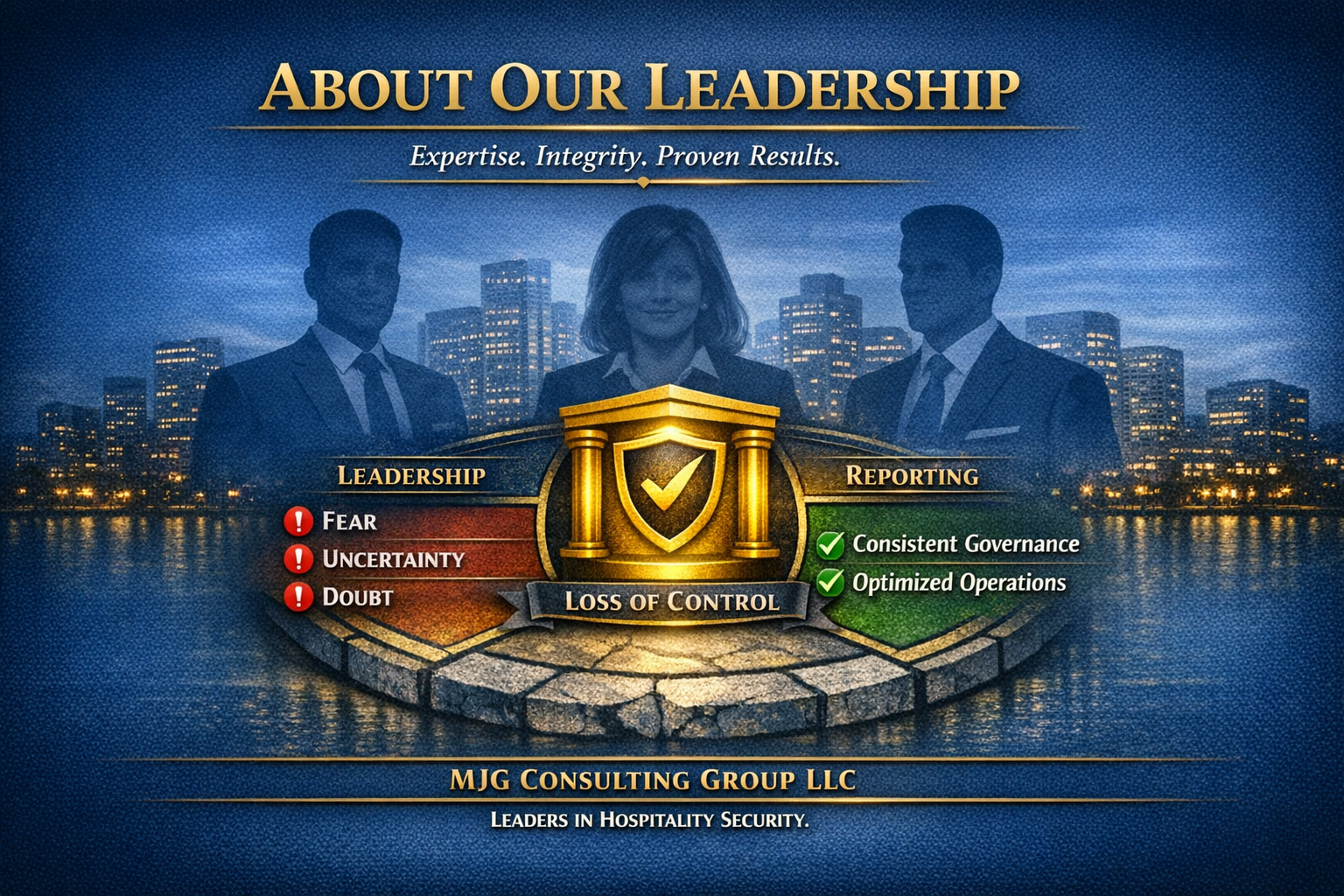 Graphic presentation titled 'About Our Leadership' displaying three business people in front of a city skyline at night. The image highlights a shield emblem with a checkmark, representing loss of control. Leadership qualities include fear, uncertainty, and doubt in red, and reporting qualities include consistent governance and optimized operations in green. The company is MJG Consulting Group LLC, leaders in hospitality security.