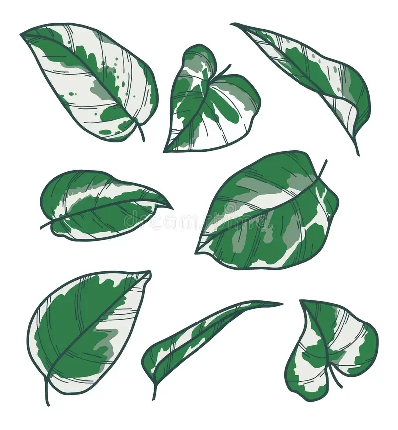 Illustration of nine green and white variegated leaves with different shapes and sizes.