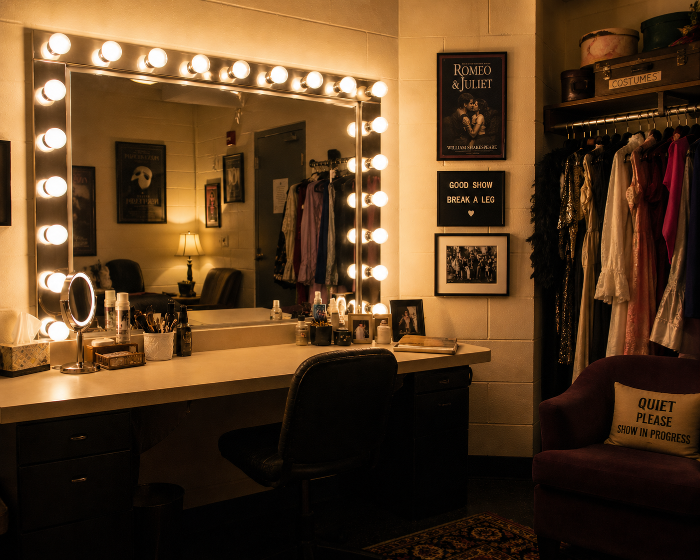 Dressing room with illuminated mirror, makeup supplies on the counter, framed posters on the wall, a black chair, and a seating area with a ‘Quiet Please’ pillow. Wardrobe with costumes to the right.