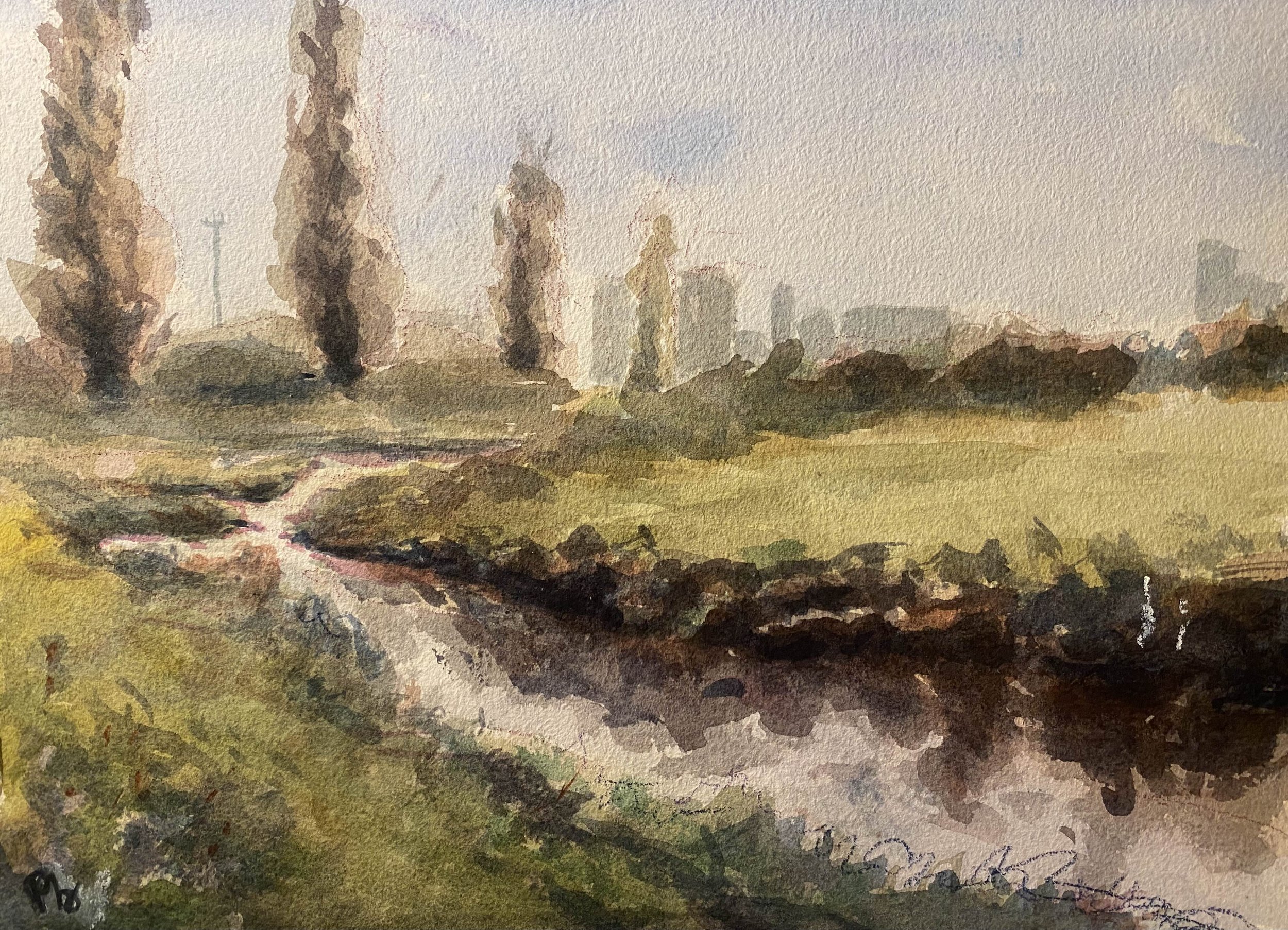 A watercolor painting of a rural landscape with a dirt path, green grass, trees, and a hazy city skyline in the background.