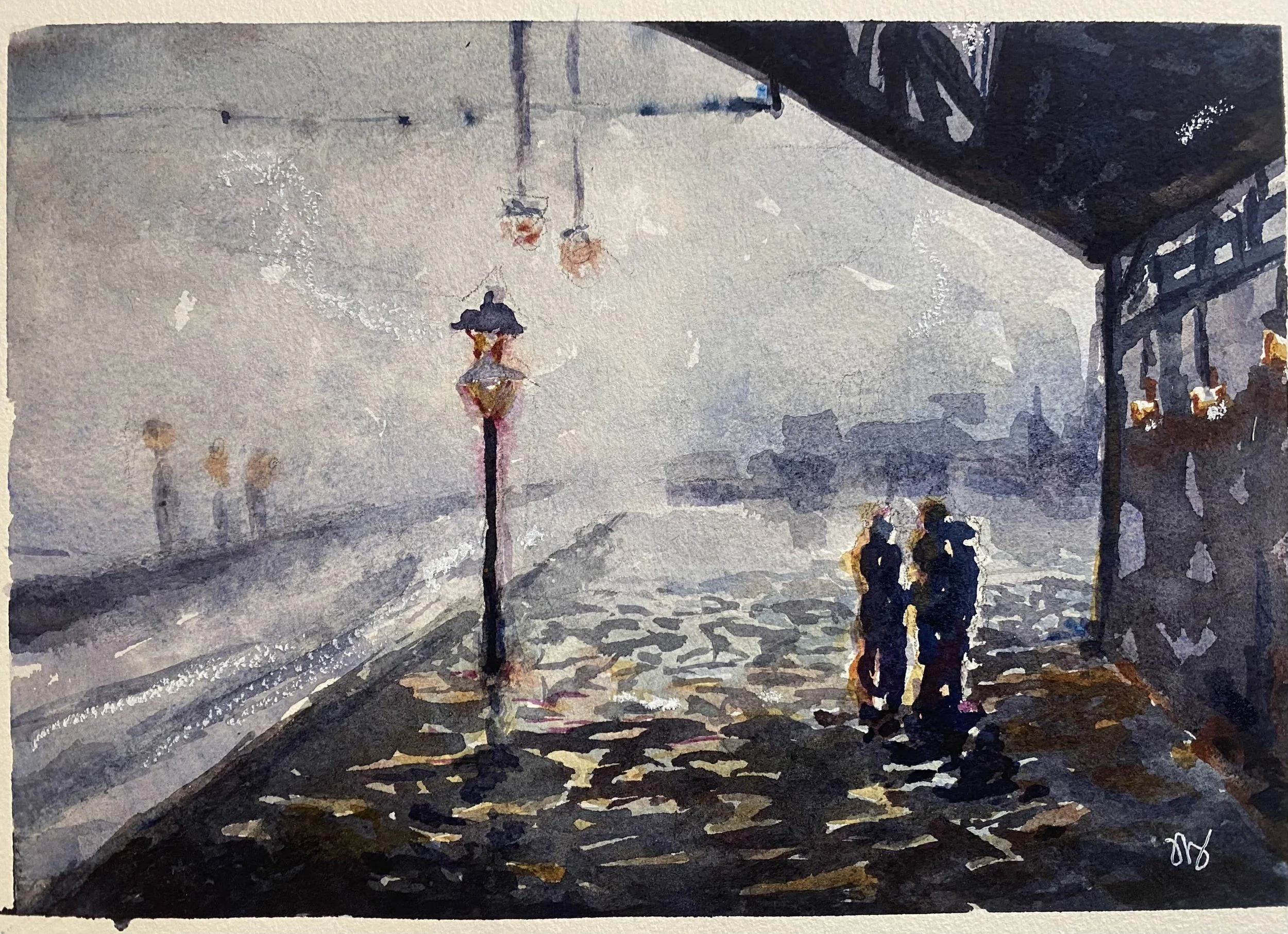A watercolor painting depicts a foggy street scene with two people walking, vintage-style street lamps, and a building on the right side.