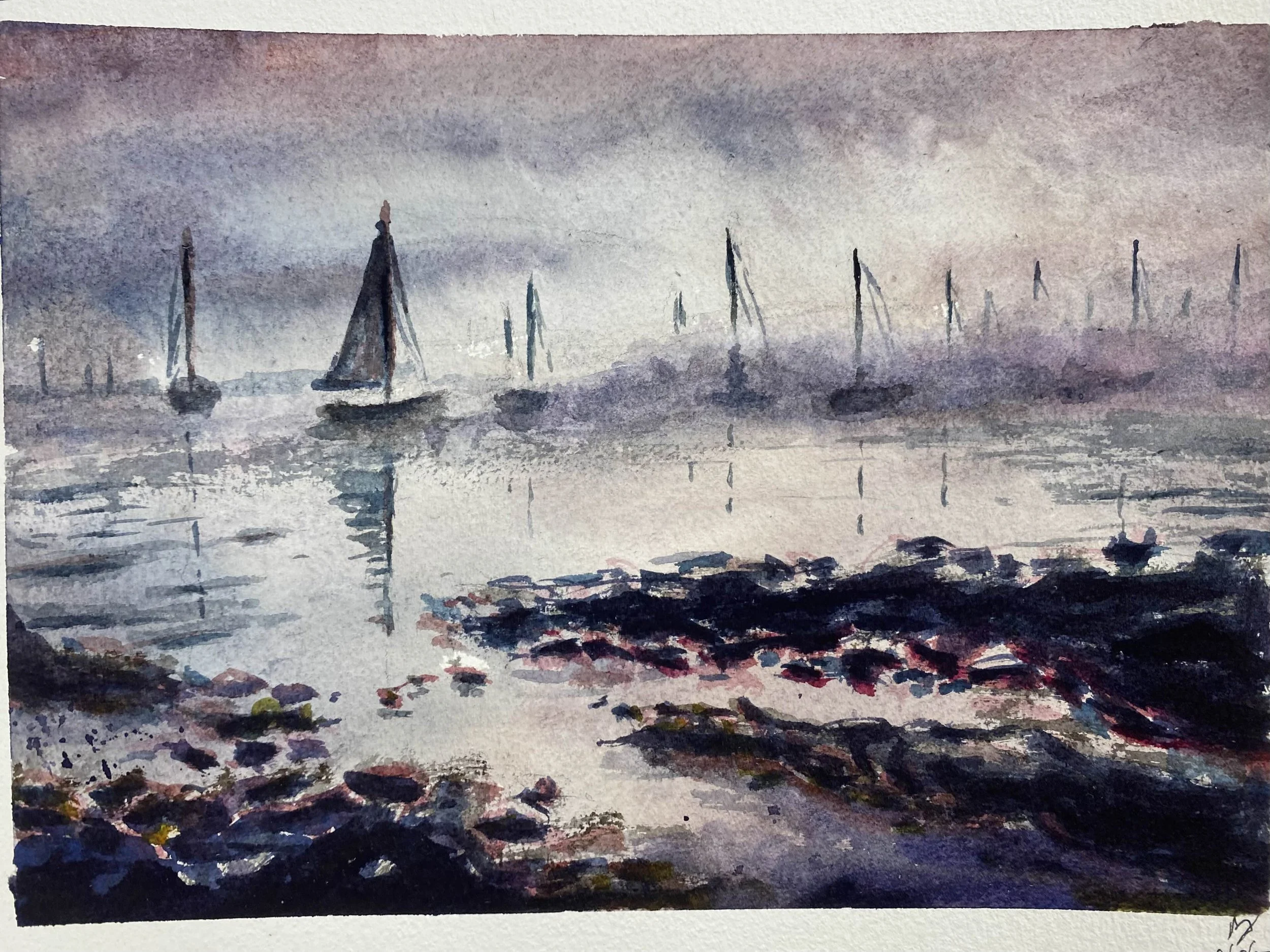 Watercolor painting of sailboats on a calm, misty body of water, with rocks in the foreground and a moody, cloudy sky.
