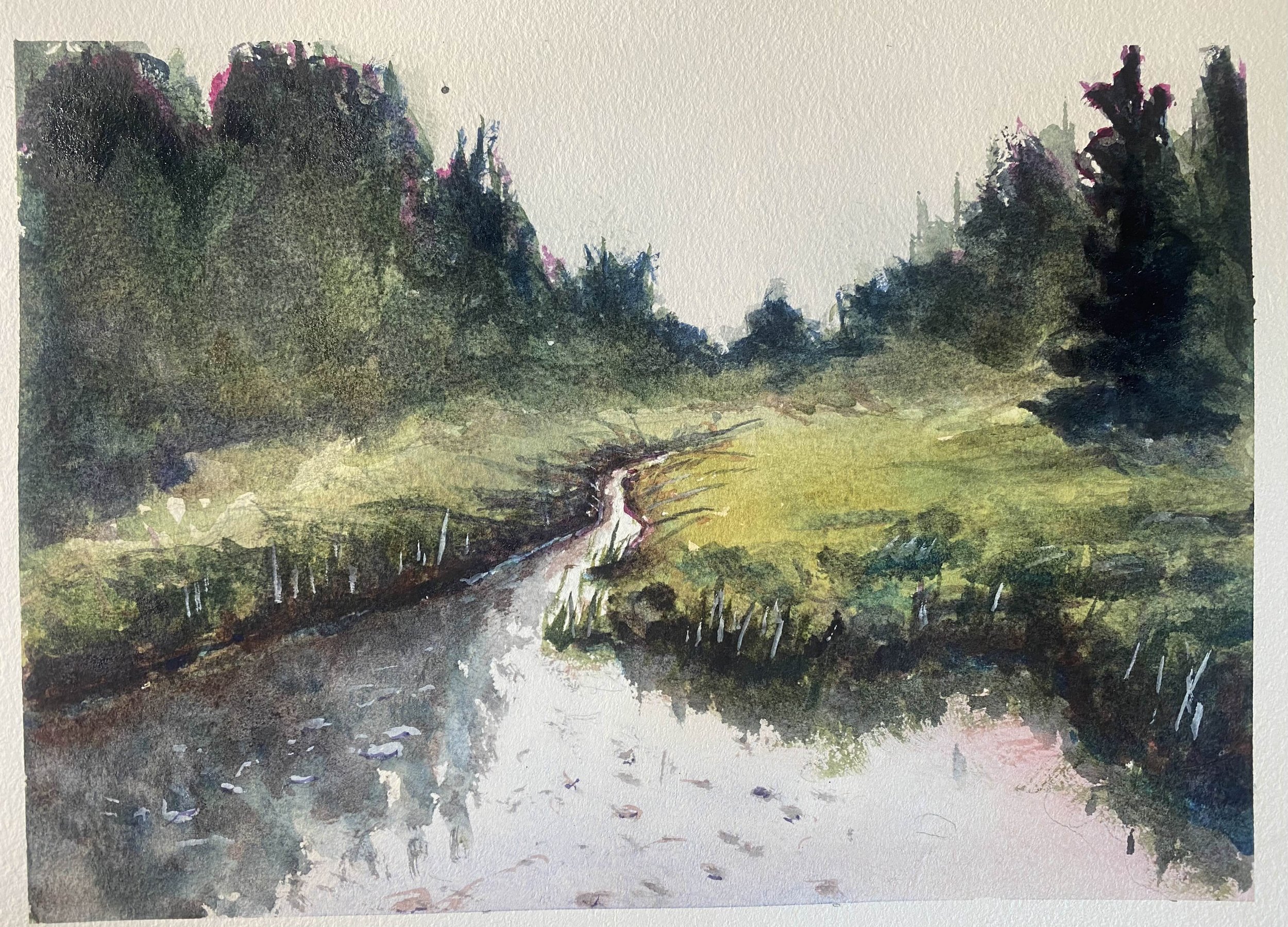 A watercolor painting of a winding dirt road through green landscape with trees on the sides and background.