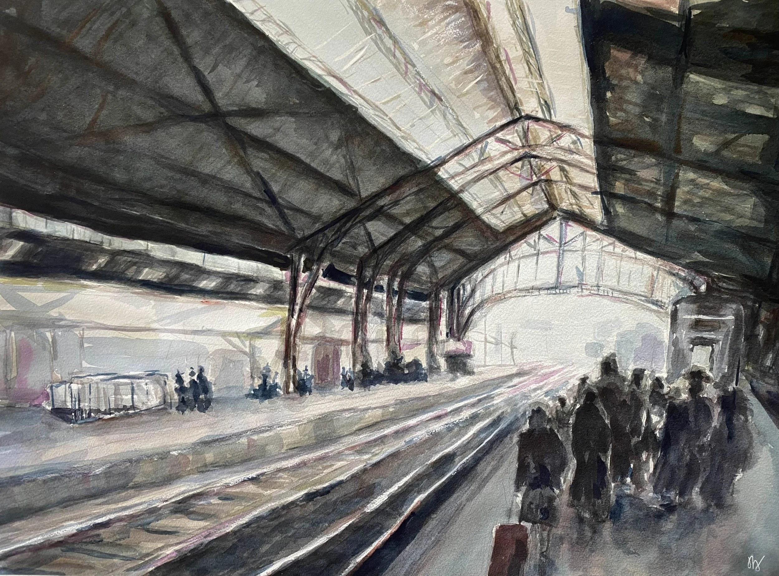 Perpignan Station. Watercolor 18x24 with white oil pastel on tracks.