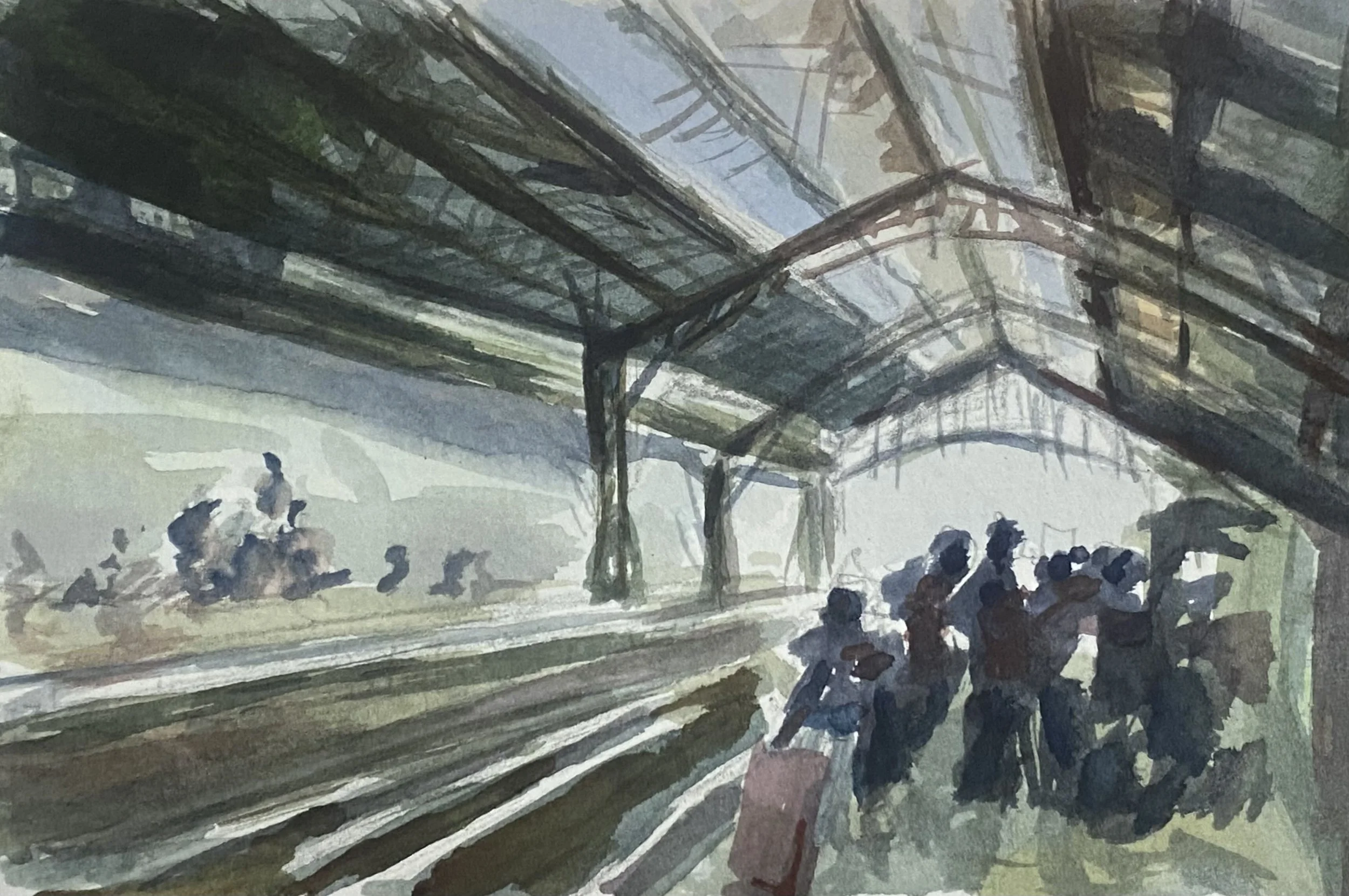 Watercolor painting of a train station platform with a group of people waiting, a person on horseback in the background, under a large roof with metal supports.