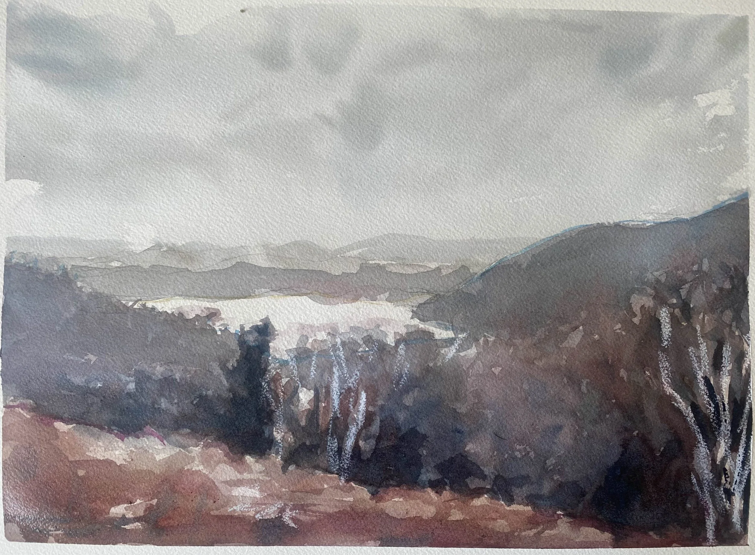 Watercolor painting of a scenic landscape with mountains, trees, and a cloudy sky.