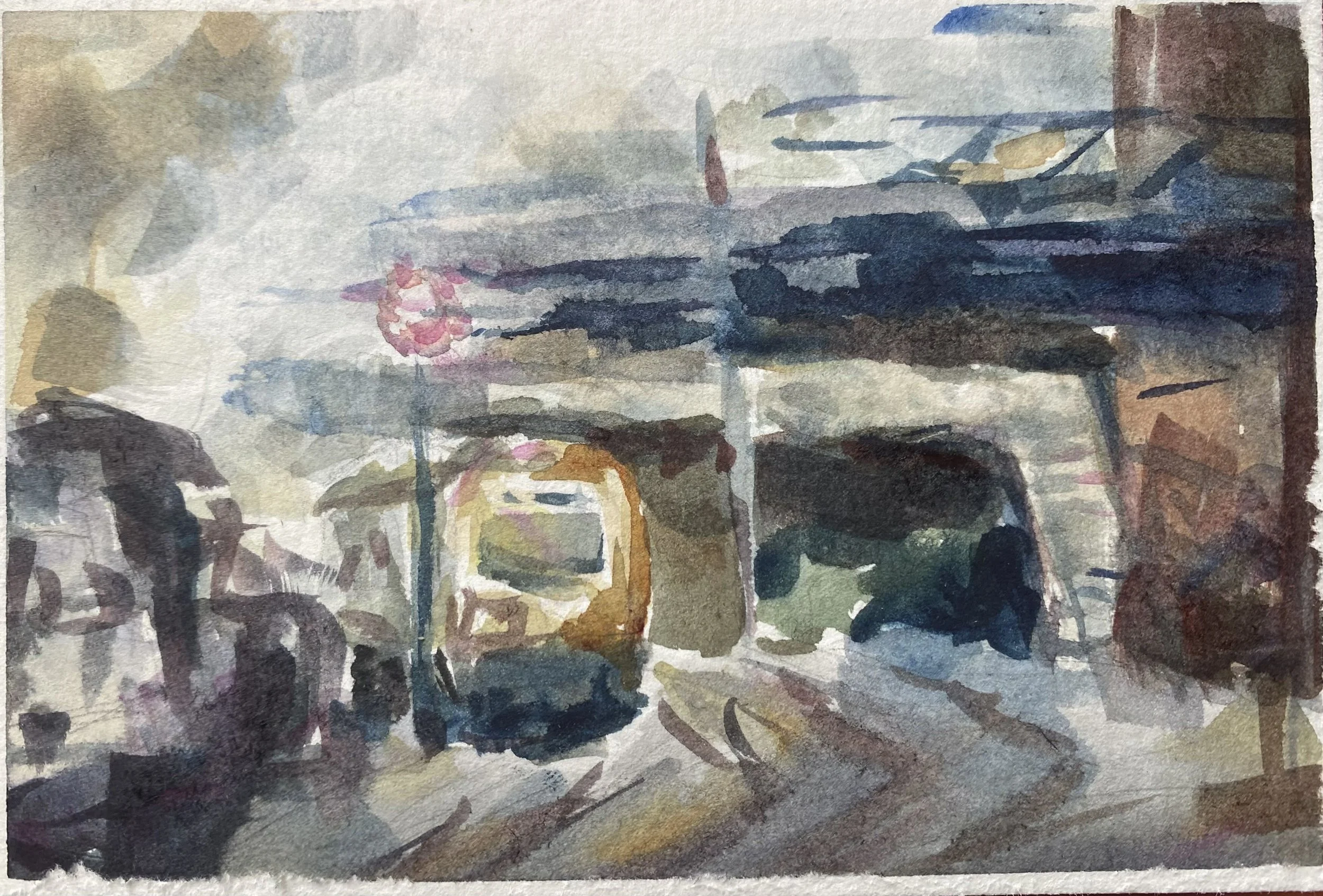 Watercolor painting of a circular outdoor market with umbrellas, a food stand, and a person shopping, with a cloudy sky overhead.