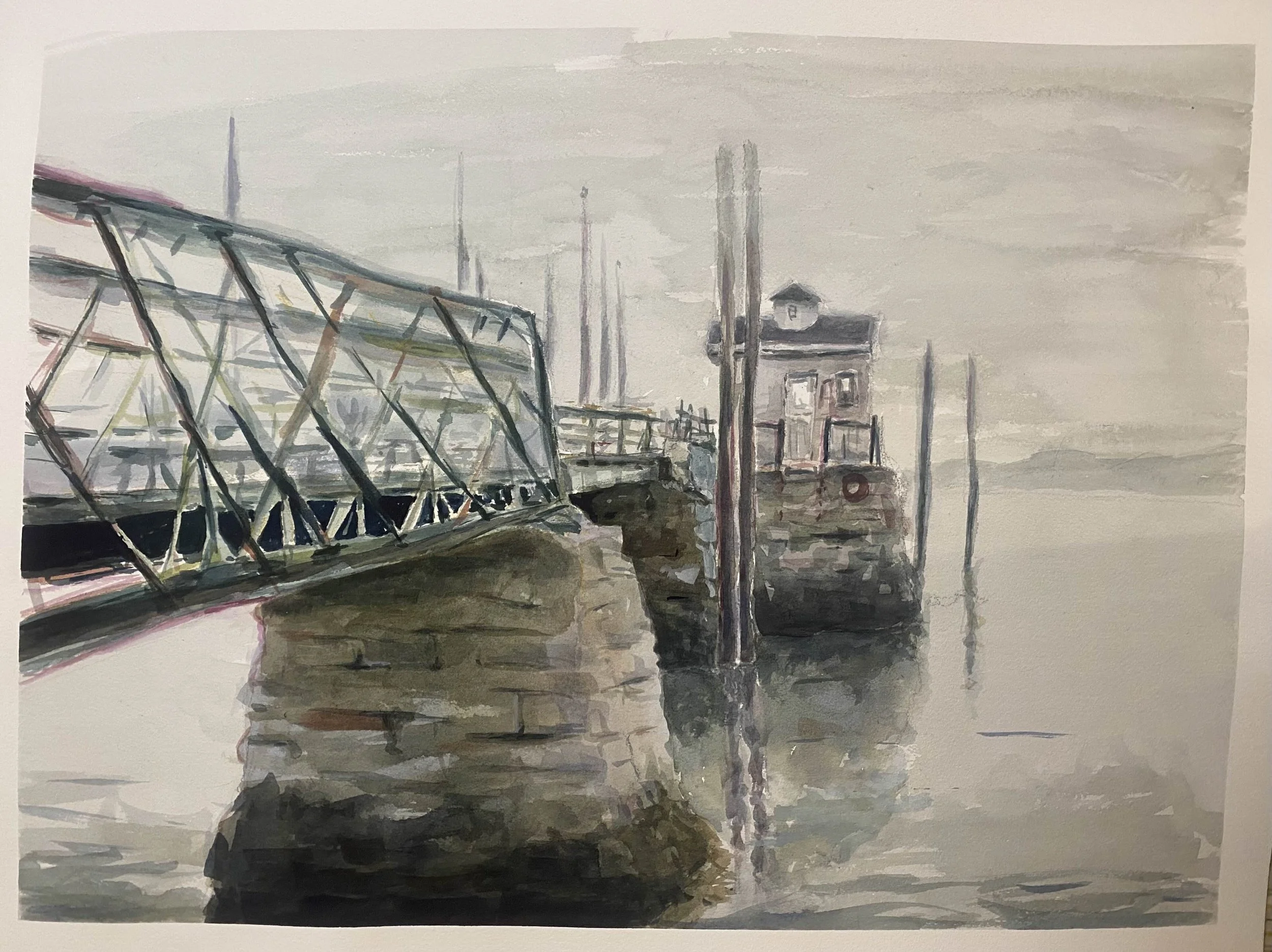 A watercolor painting of a dock with boats in the water, featuring a large glass structure and a boat with a house-like cabin in the background on a cloudy day.